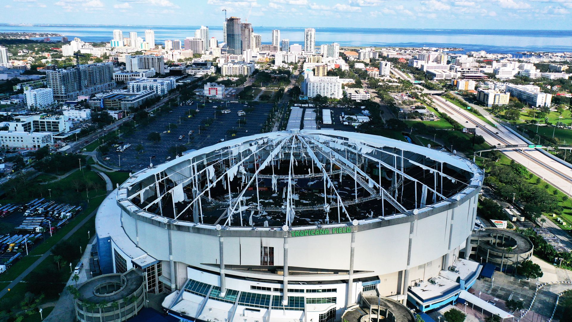 CHIMCHIME, ST PETERSBURG, FLORIDA, UNITED STATES - 2024/10/13: (EDITORS NOTE: Image taken with drone) In this aerial view, the domed roof at Tropicana Field, the home of the Tampa Bay Rays, is seen ripped to shreds from Hurricane Miltonís powerful winds in St. Petersburg. The storm passed through th