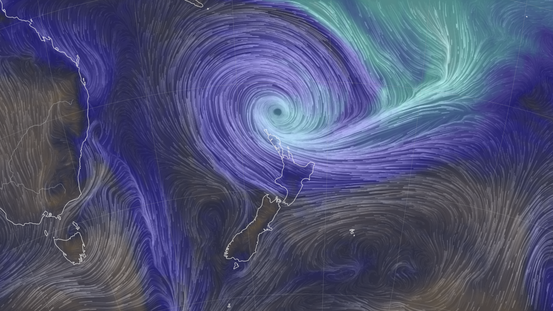 Computer model simulation of water vapor and wind circulation in and around Cyclone Gabrielle.