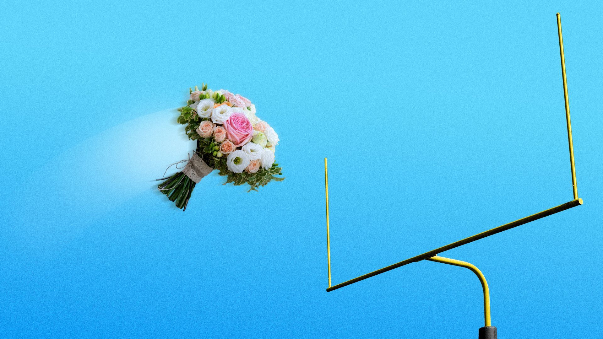 Illustration of a bridal bouquet flying towards a football goal.