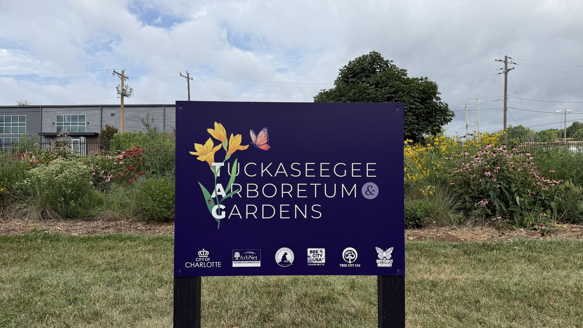 Large purple sign for "Tuckaseegee Arboretum & Gardens" with a yellow flower and butterfly, amid blooming wildflowers; power lines, a gray industrial building, and a cloudy sky in the background.