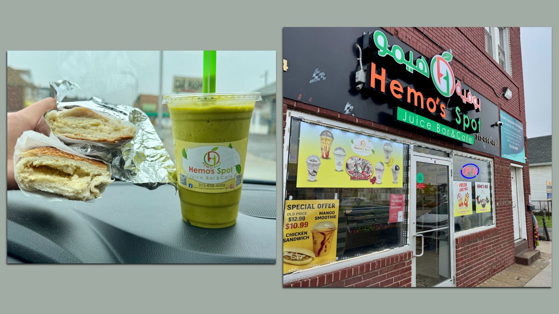 Photo one: A green smoothie in a plastic cup with a small snack-sized sandwich next to it, pictured in a car. Photo 2: The colorful brick storefront of Hemo's