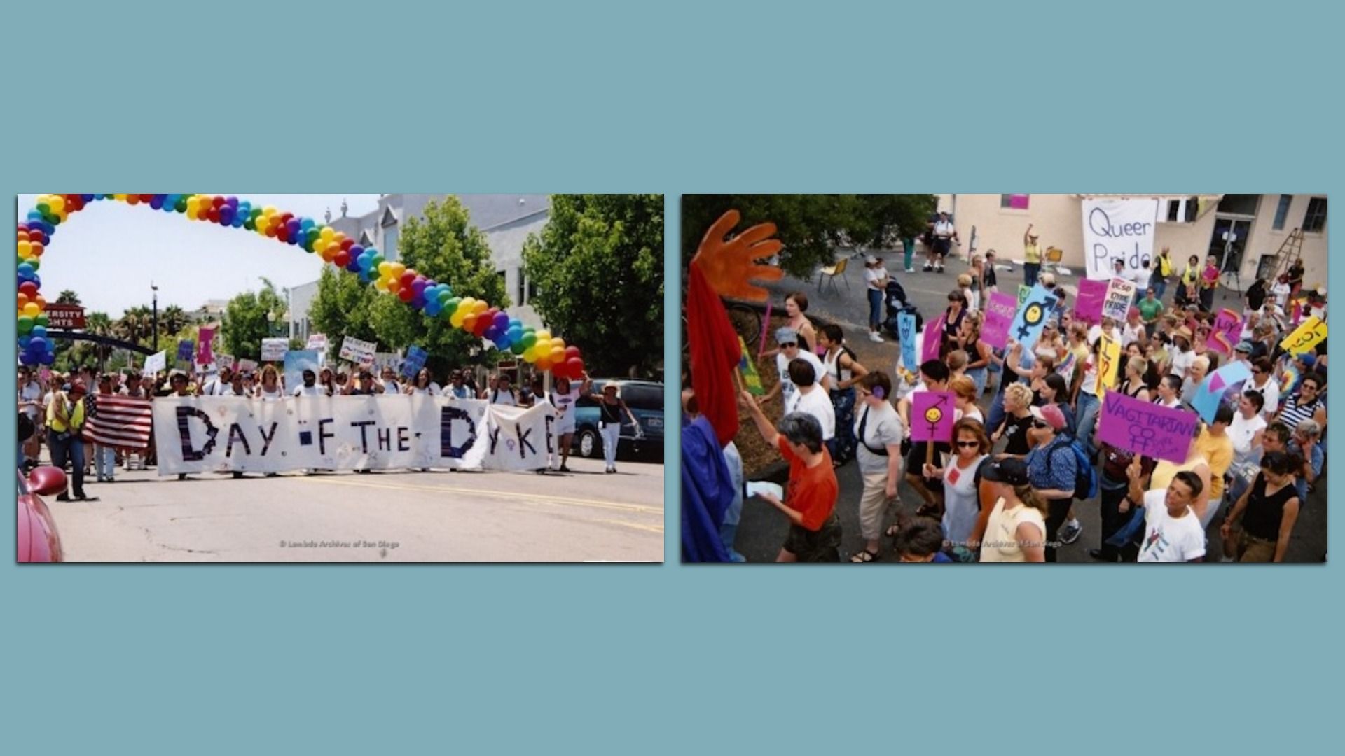 Two-panel Pride parade: left shows marchers under a rainbow balloon arch with a banner; right shows a crowded street with colorful signs and a "Queer Pride" banner.