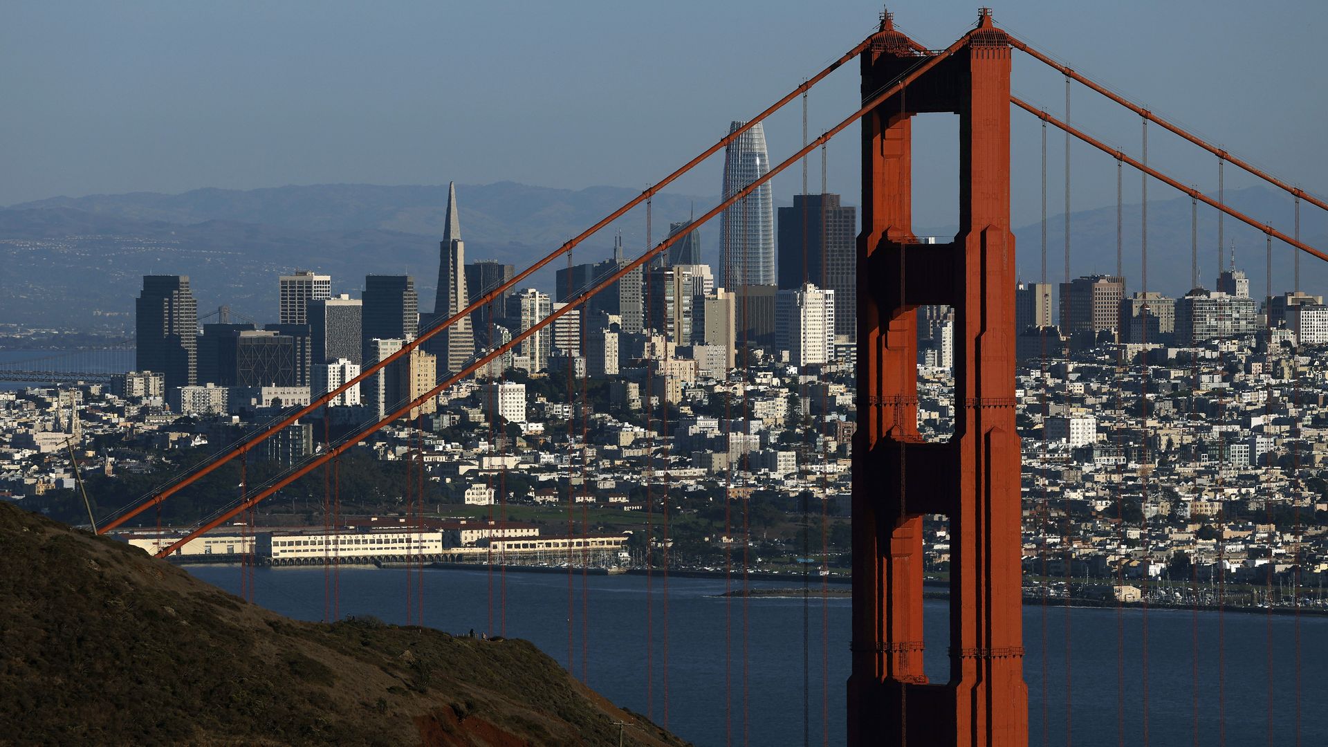 An aerial view of the Golden Gate Bridge in front of the San Francisco skyline on October 20, 2025 in Sausalito, California.