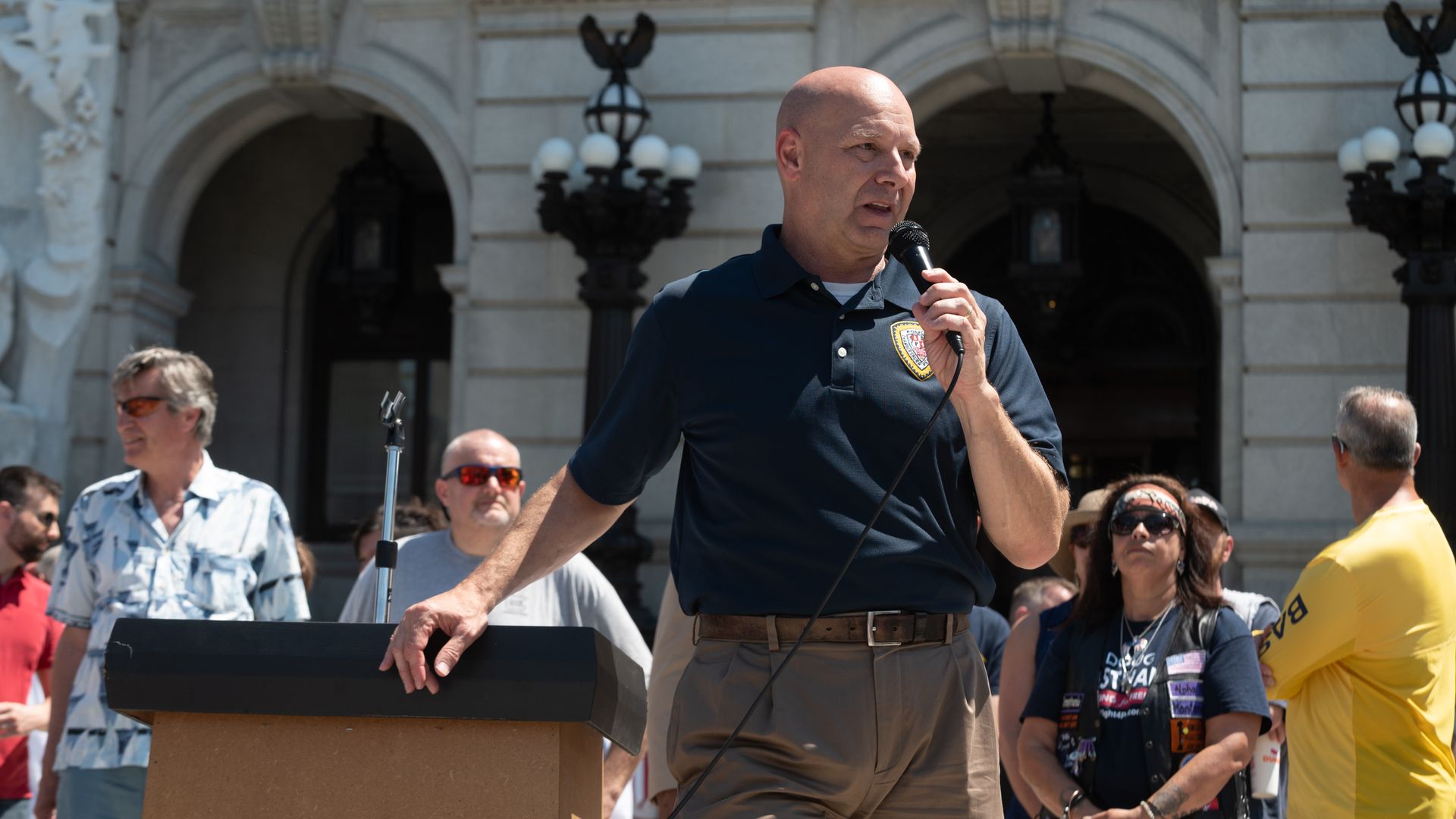 Pennsylvania state Sen. Doug Mastriano speaking at a rally in Harrisburg in June 2021.