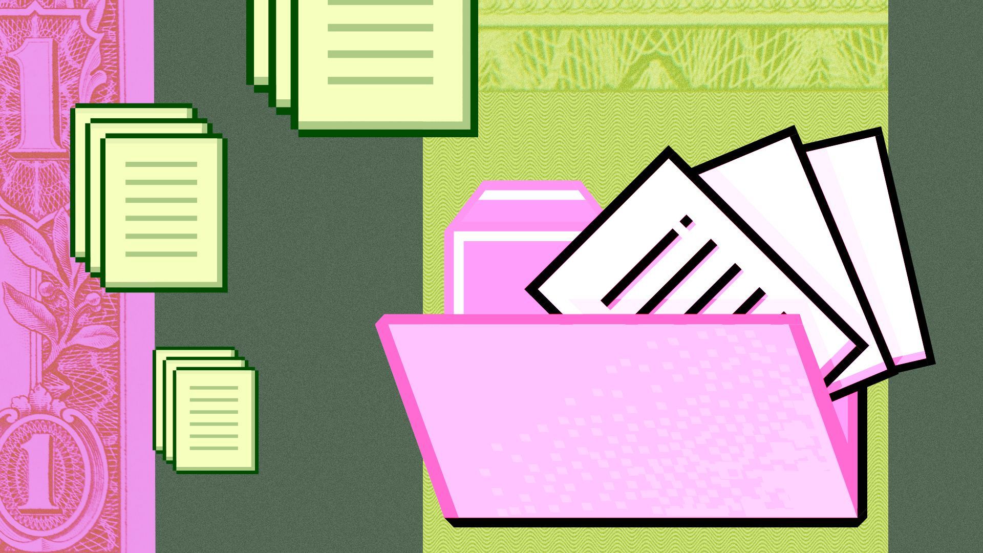 Illustration of a digital filing folder icon and digital document icons surrounded by money elements and abstract shapes.