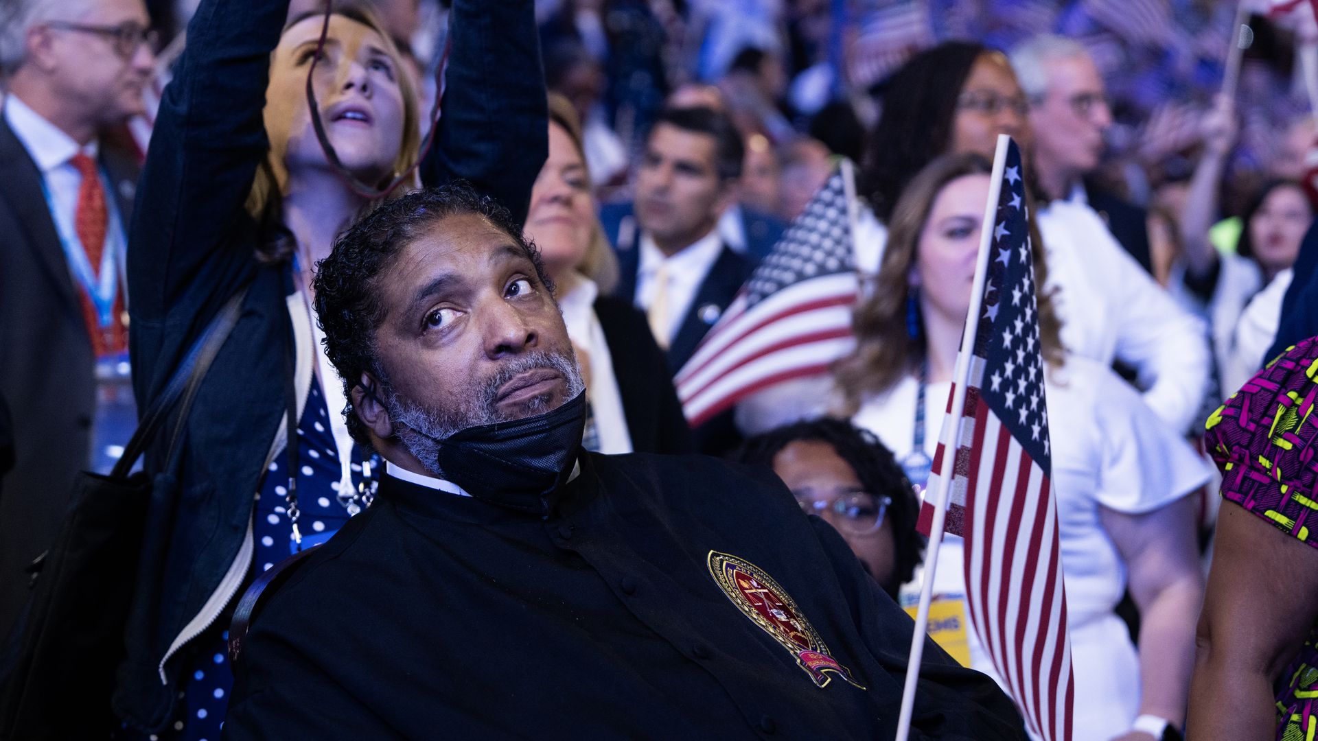 Rev. Dr. William Barber is seen on the final night of the Democratic National Convention at the United Center in Chicago.