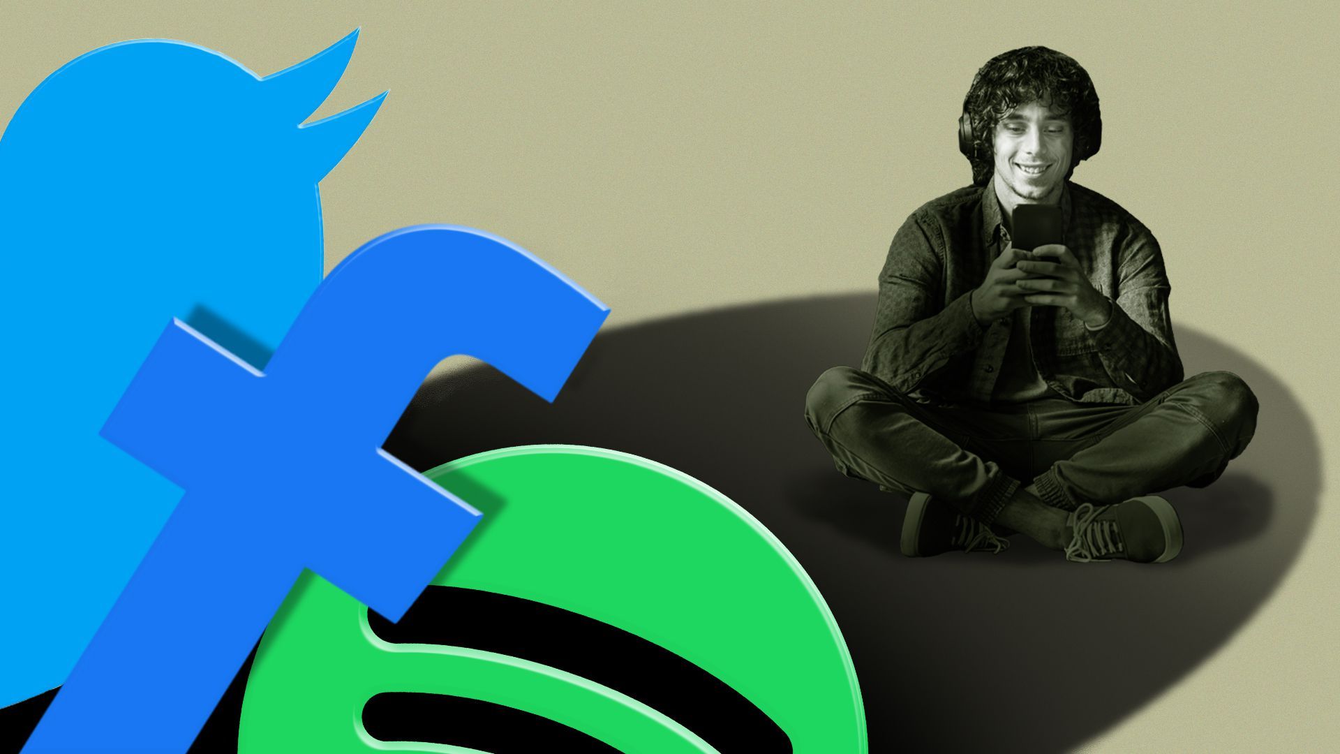 Illustration of Facebook, Twitter and Spotify logos casting a shadow on a person looking at a phone.
