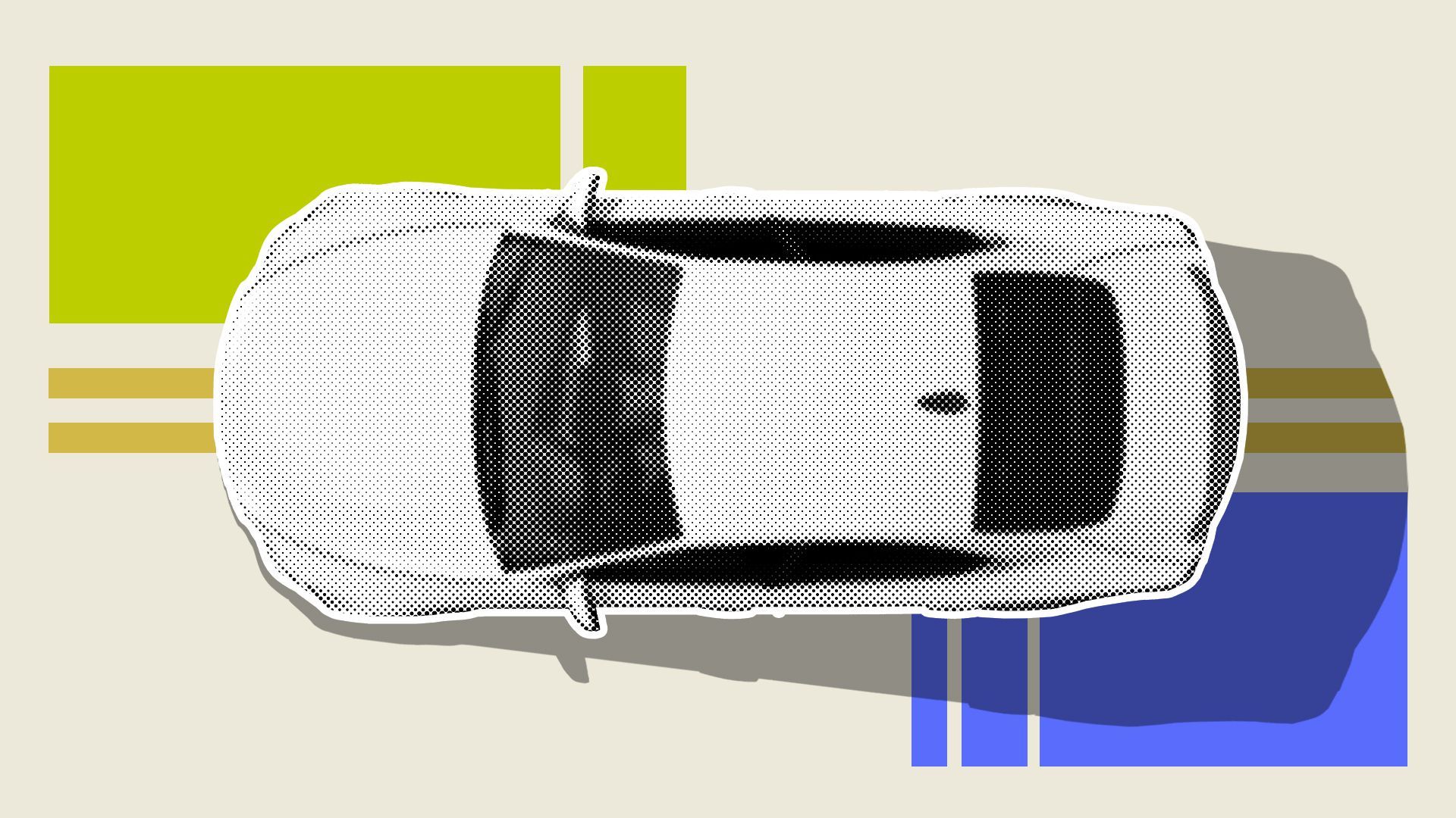 Illustration of a car on a road surrounded by squares