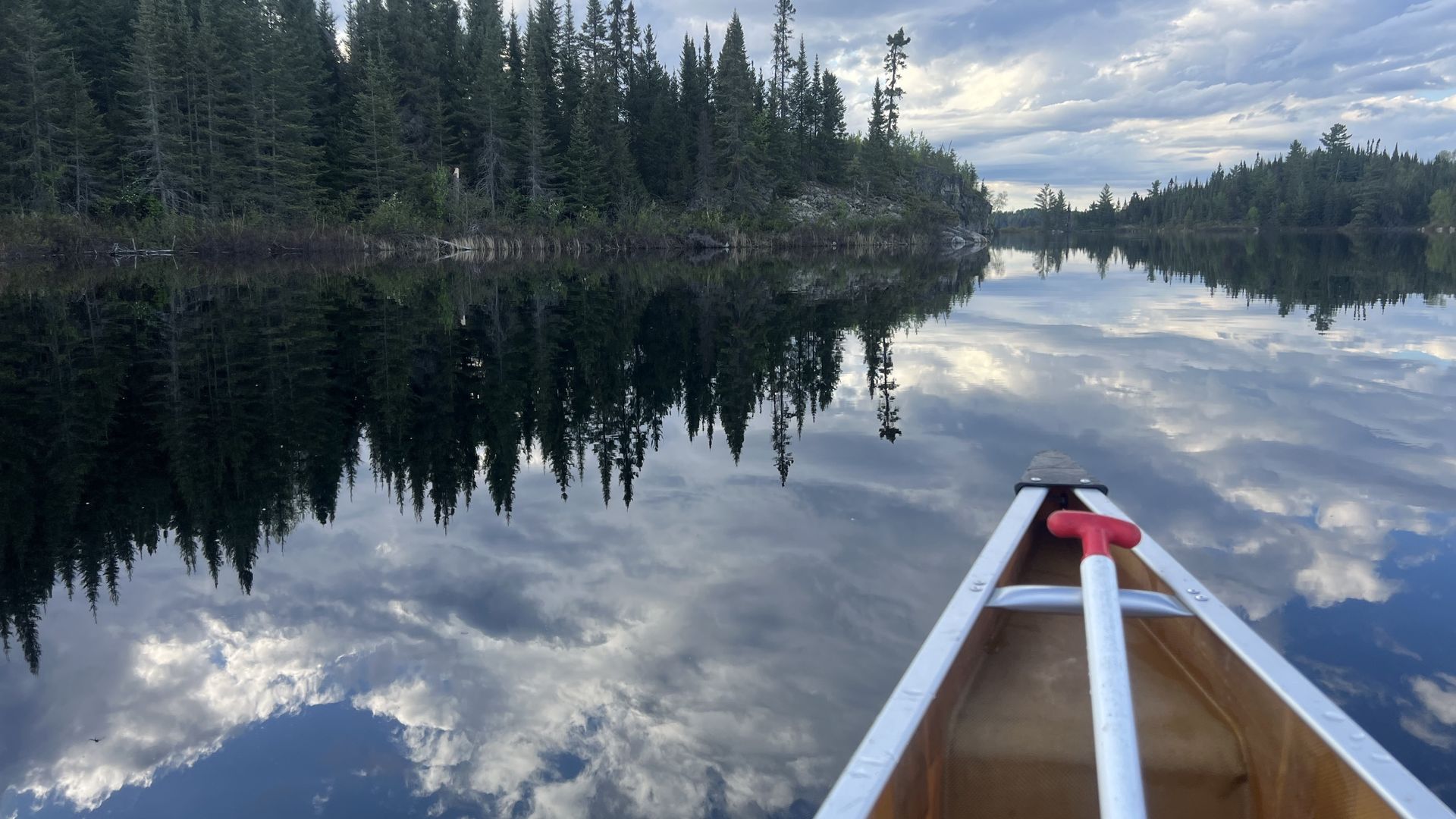canoe on water with trees in background