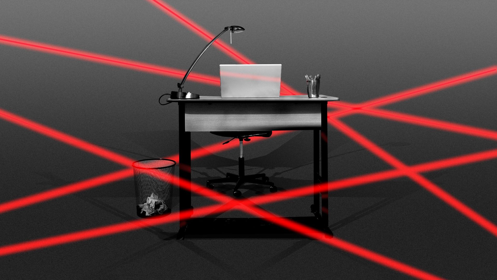 Illustration of an office desk surrounded by lasers