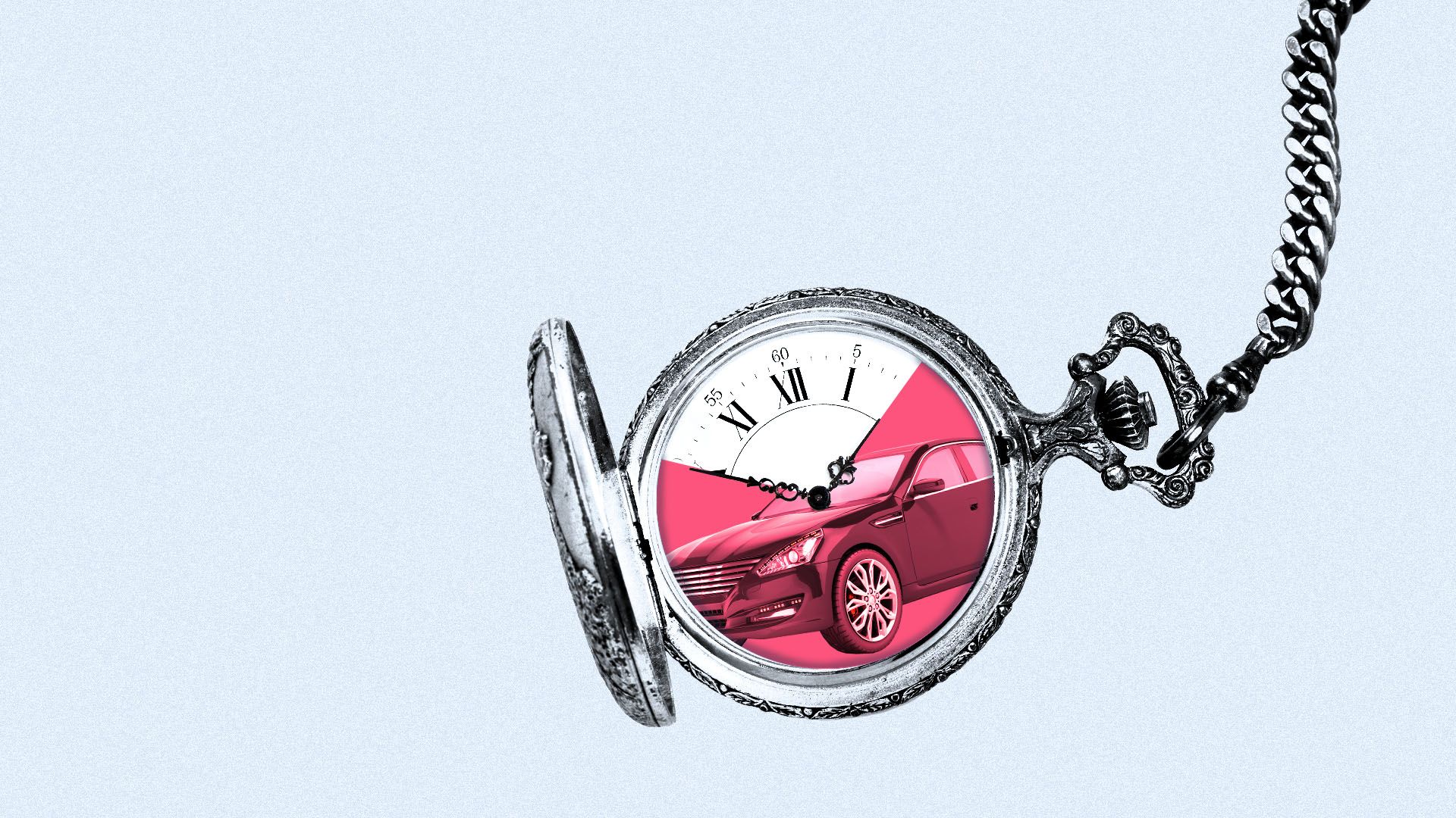 Illustration of a pocket watch with a car reflected in its face