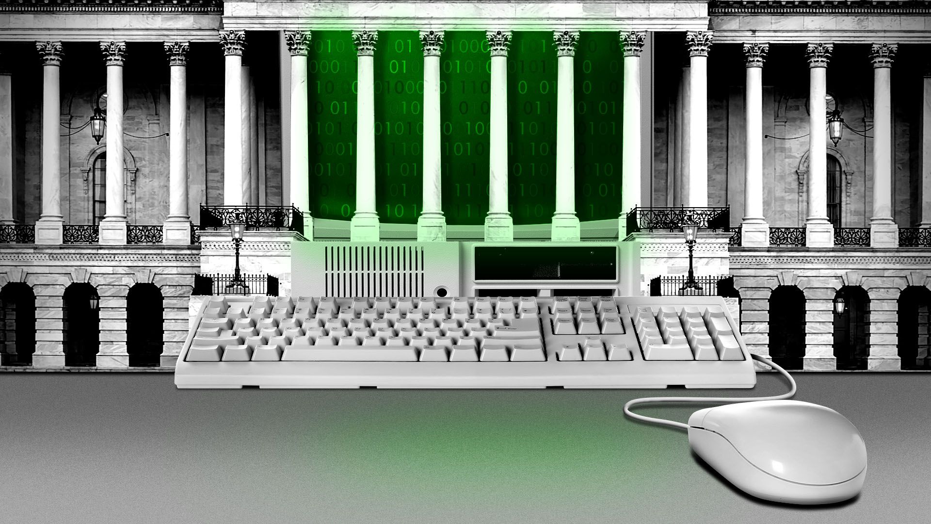 Illustration of the Capitol Building with a vintage computer built into the fron