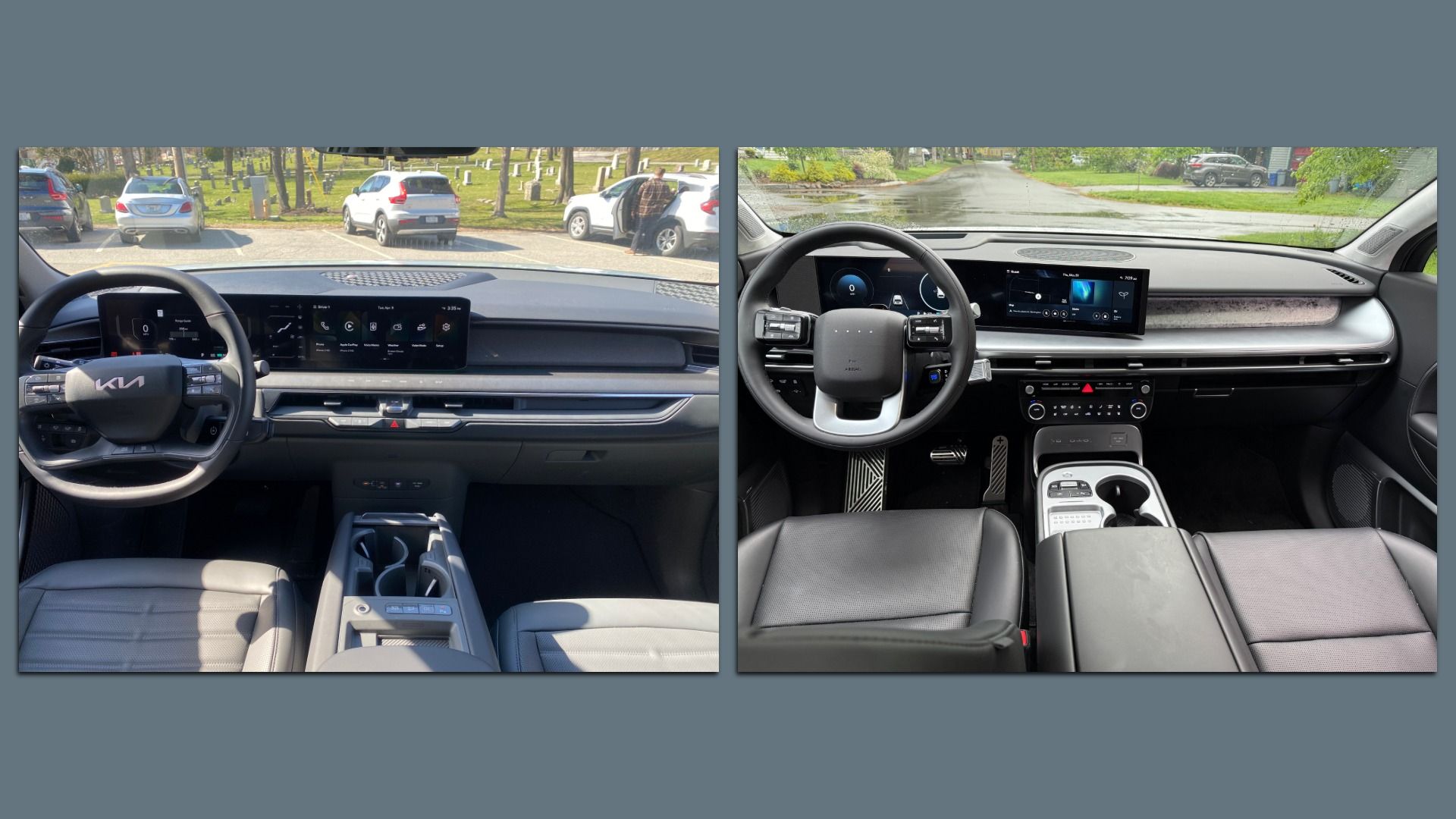 Side-by-side comparison of the Kia EV9 and Hyundai Ioniq 9  interiors showing modern, sleek dashboards with large digital displays, black steering wheels, and gray leather seats, each in a different outdoor parking setting.