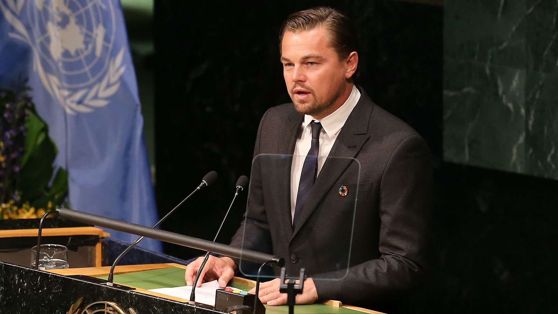 Actor Leonardo DiCaprio addresses the UN at the signing of the Paris Agreement for Climate Change in 2016. 