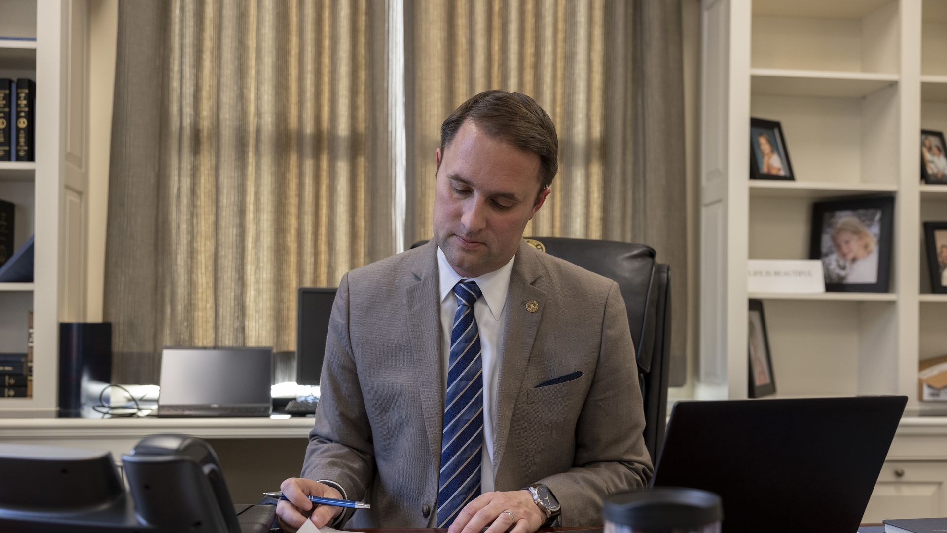 Attorney General of Virginia, Jason Miyares works from his office January 19, 2022 in Richmond, Virginia. 