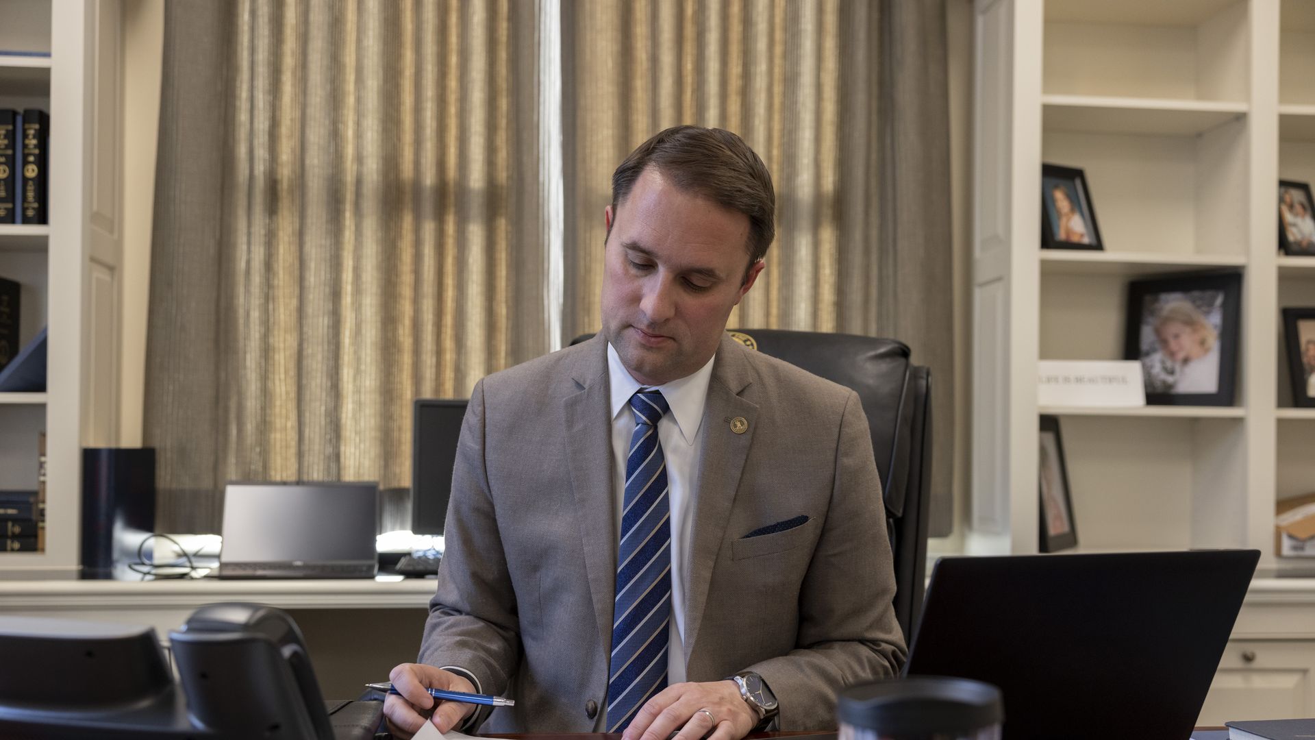 Attorney General of Virginia, Jason Miyares works from his office January 19, 2022 in Richmond, Virginia.