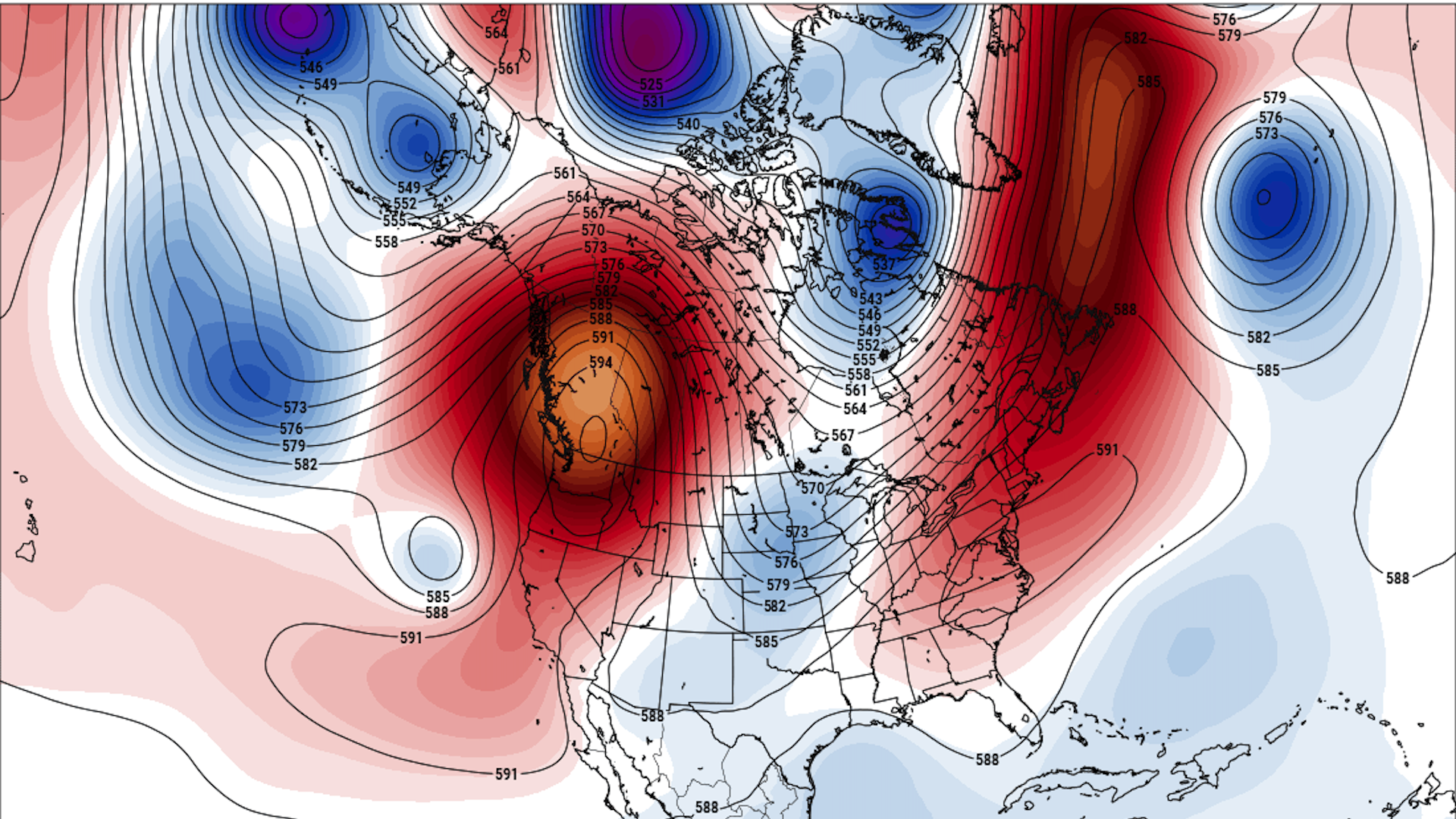 Computer model projection showing an unusually intense heat dome over the Pacific Northwest, marked in crimson.