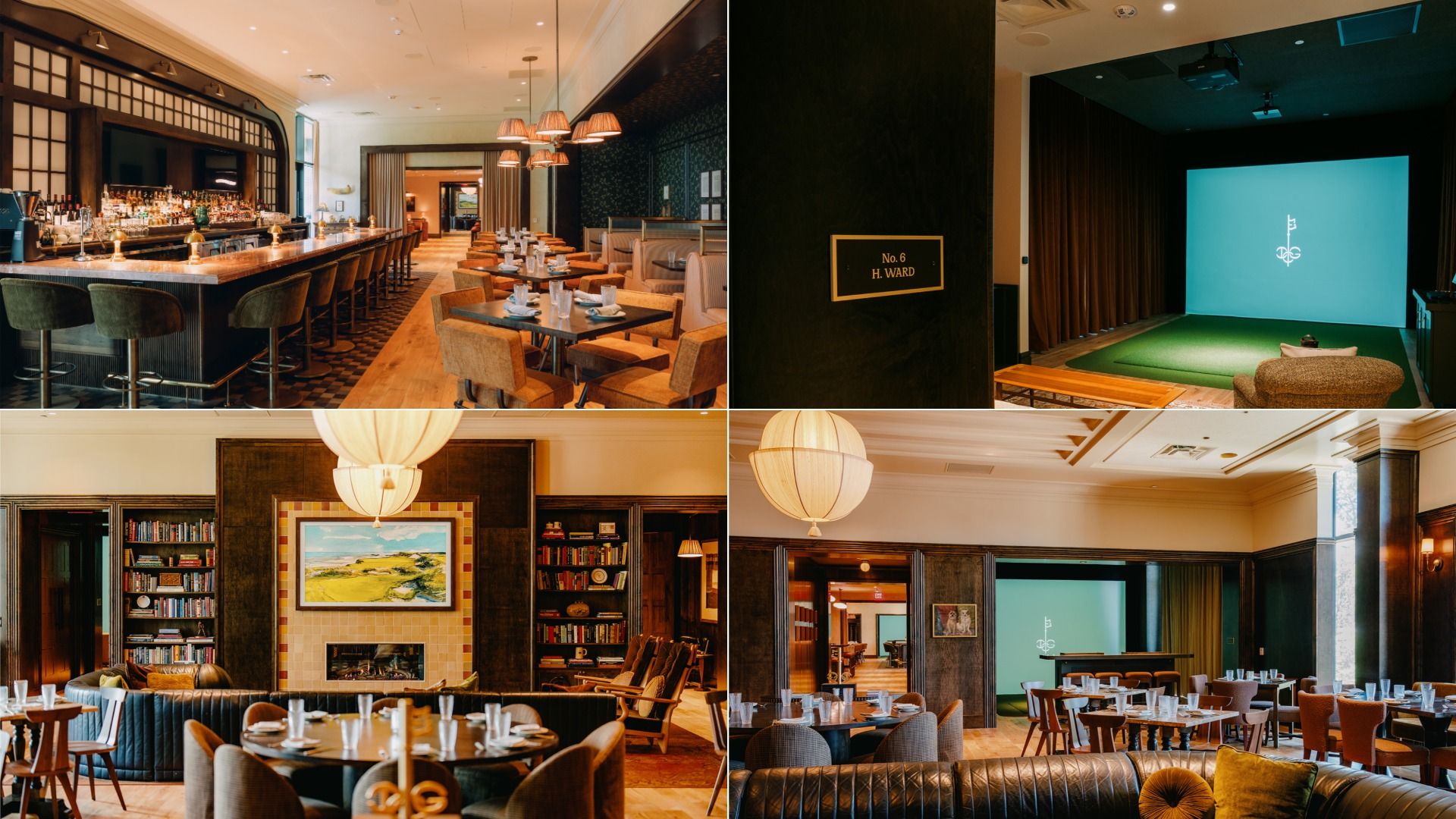 Hotel interior collage: top left bar with a wooden counter and green stools; top right dark stage room with a blue screen; bottom left library lounge; bottom right bright dining hall with round tables.
