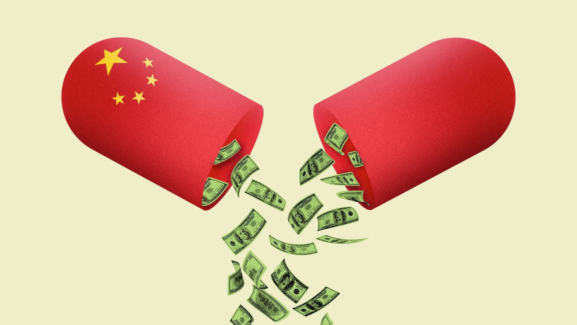 Illustration of an opened pill capsule with Chinese stars. Money is falling from the inside of the pill.