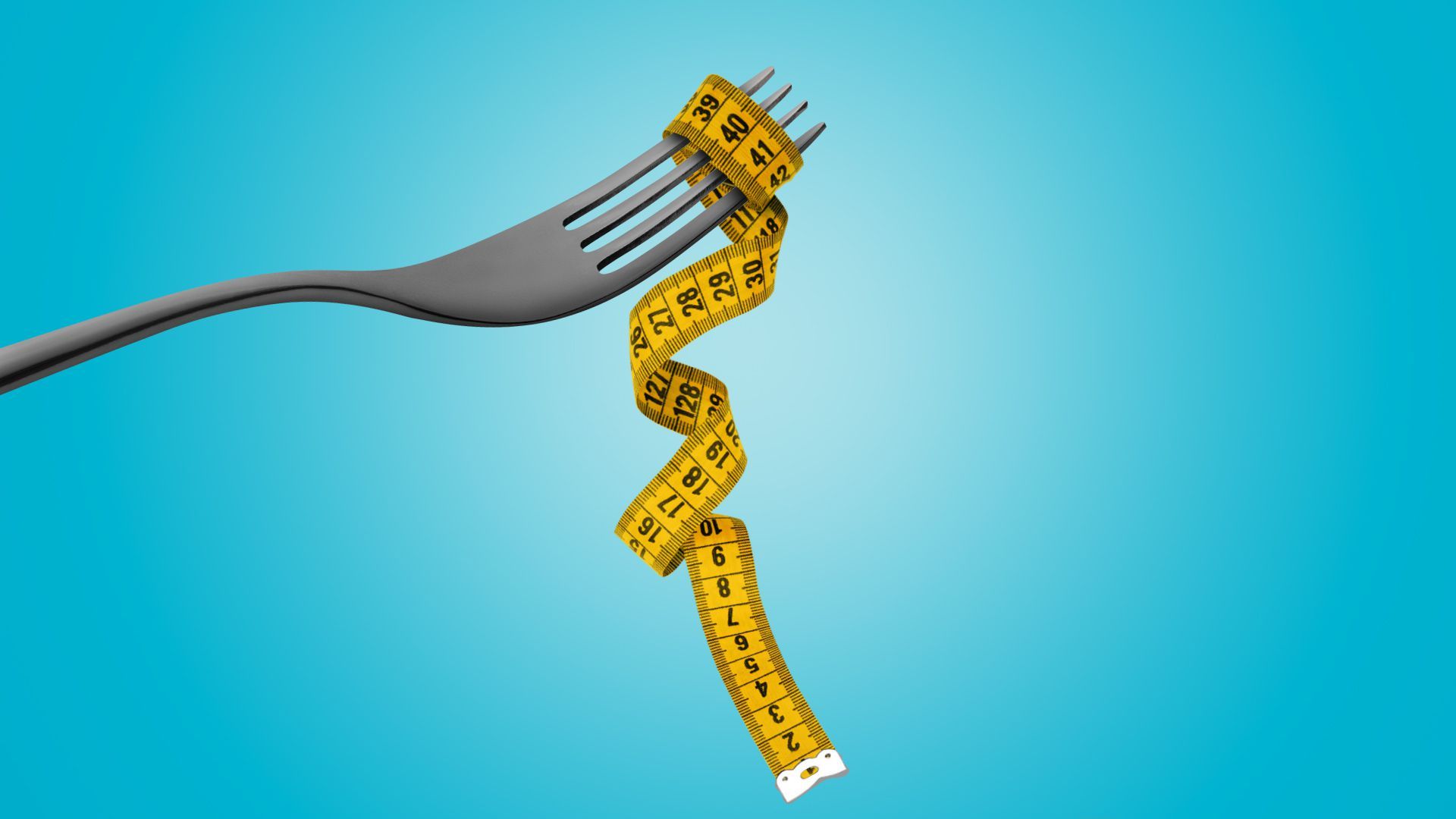 Illustration of a fork with measuring tape hanging off stylized as a noodle. 