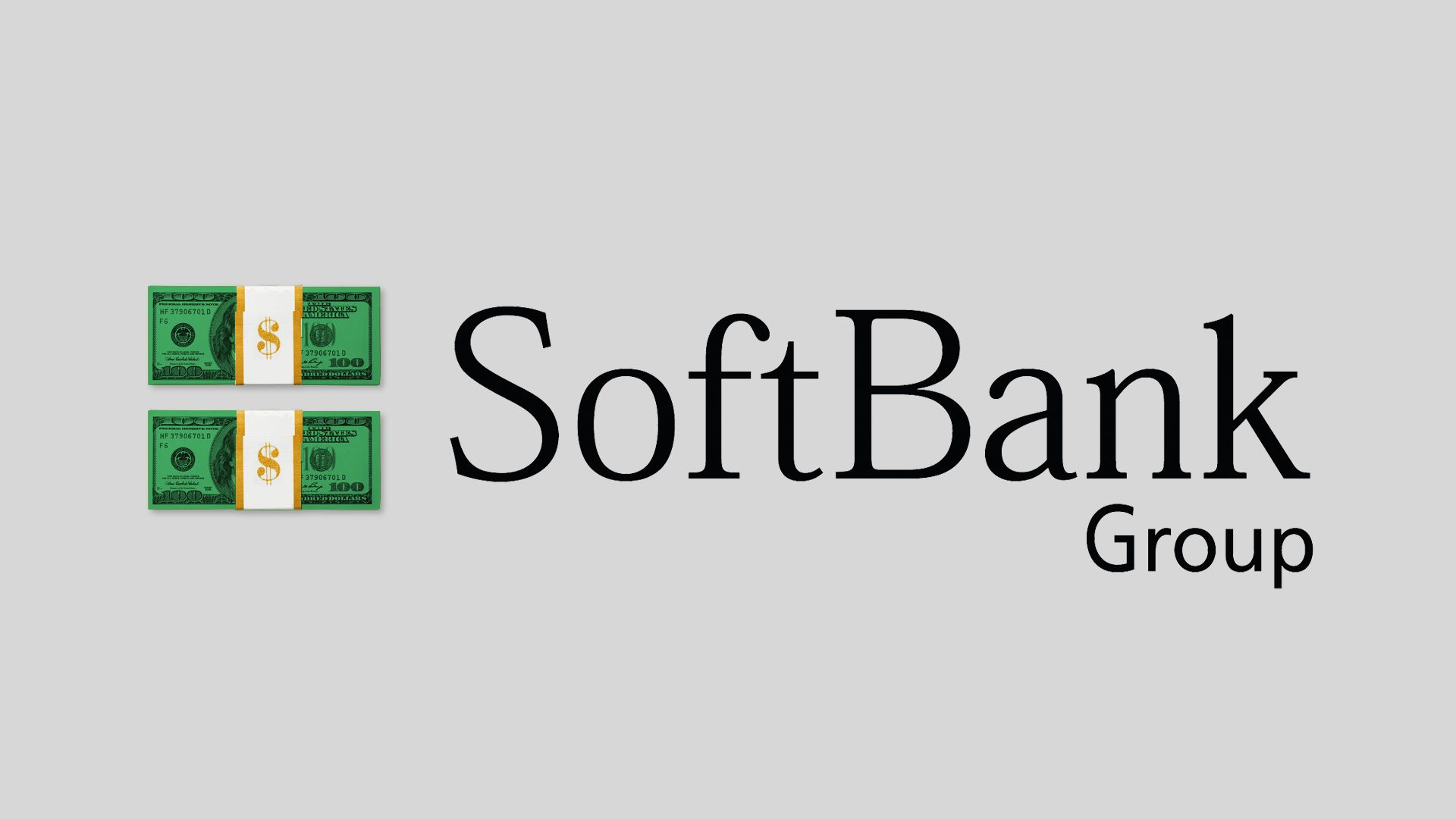 Illustration of the Softbank wordmark with two stacks of cash as the graphic element in their logo.
