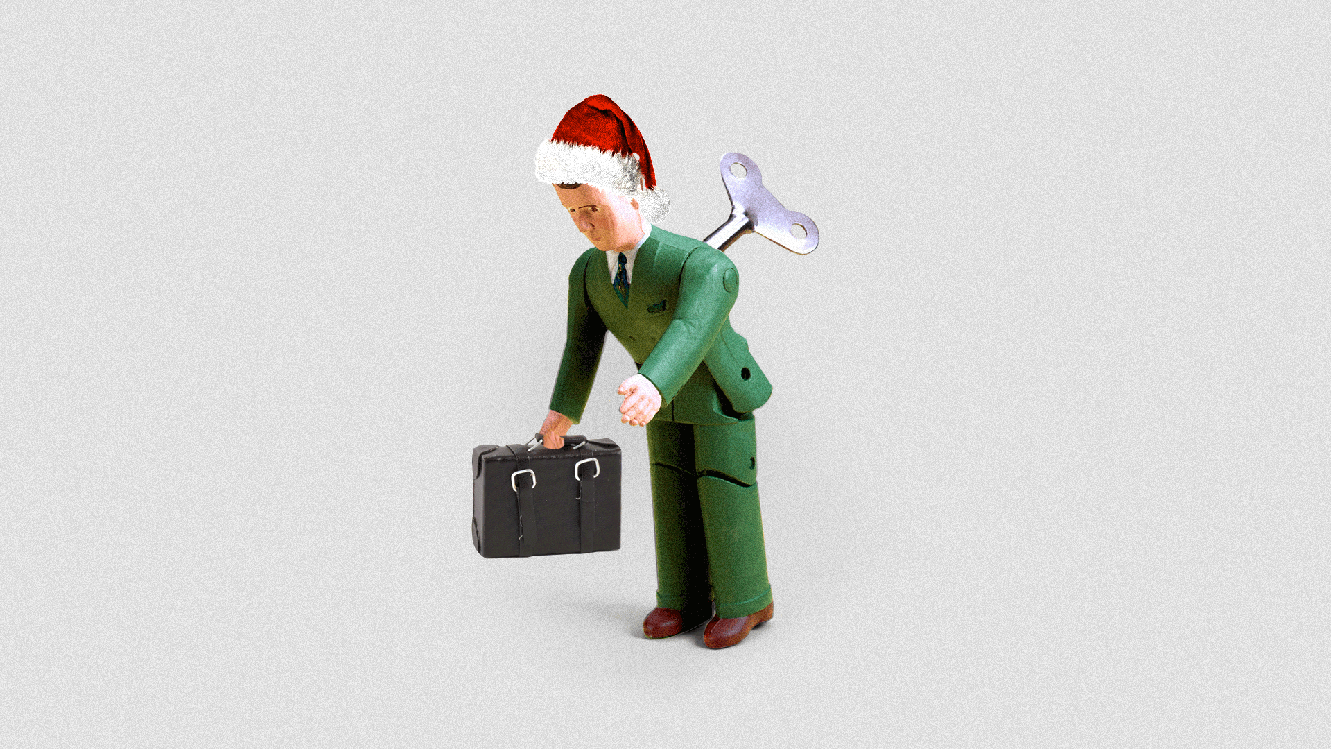 Animated illustration of a toy businessman with a briefcase and Santa hat being wound up as if ready to march forward.
