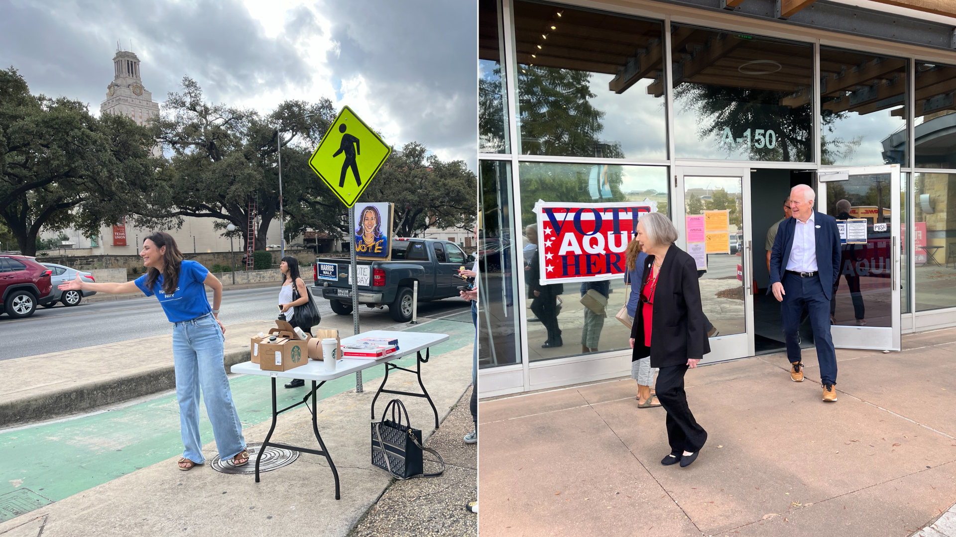 Democratic state Rep. Gina Hinojosa on the left and U.S. Sen. John Cornyn, a Republican, engaging in voting activities.