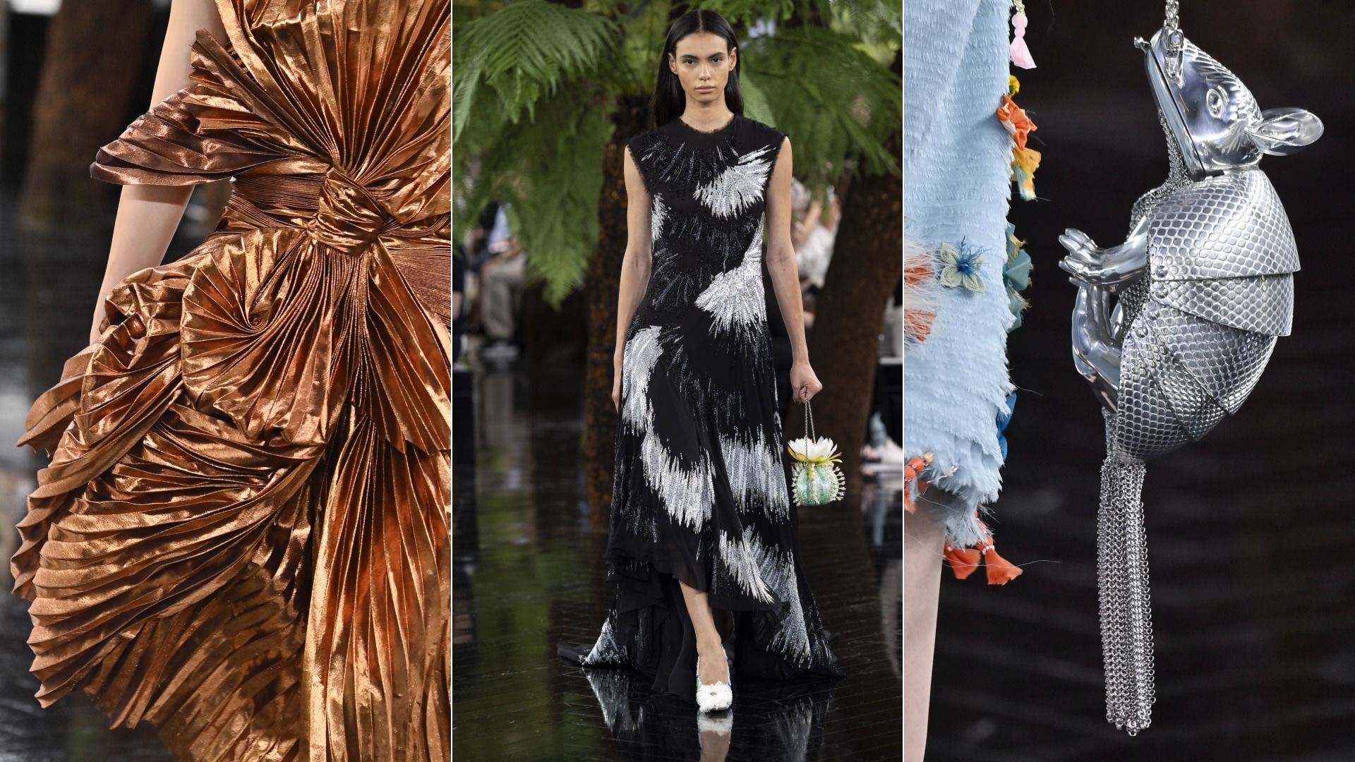 A triptych of photos: At left, a close up of a pleated copper gown. At center, a model walks the runway in a black and white dress. At right, a close up of a silver armadillo-shaped handbag.