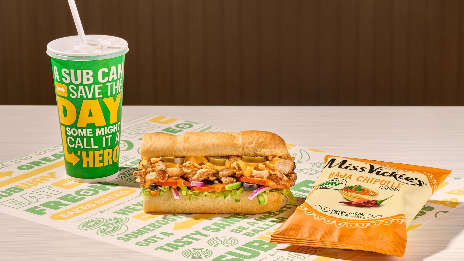 Picture of Subway meal as part of new Meal of the Day menu. Shown in picture are a drink, 6-inch sub and bag of chips