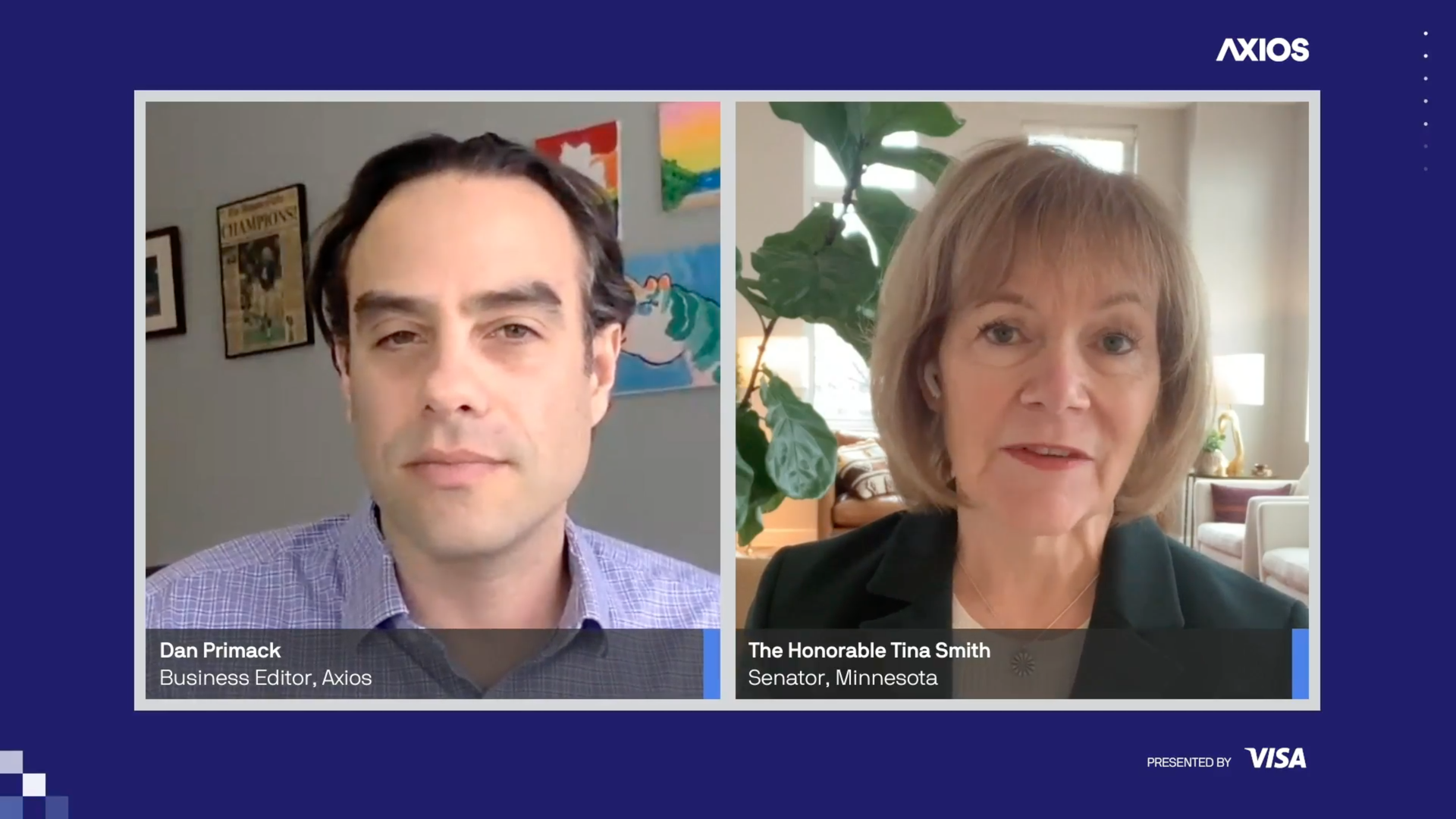 Screenshot of Axios virtual event, with Dan Primack on the left and Sen. Tina Smith on the right