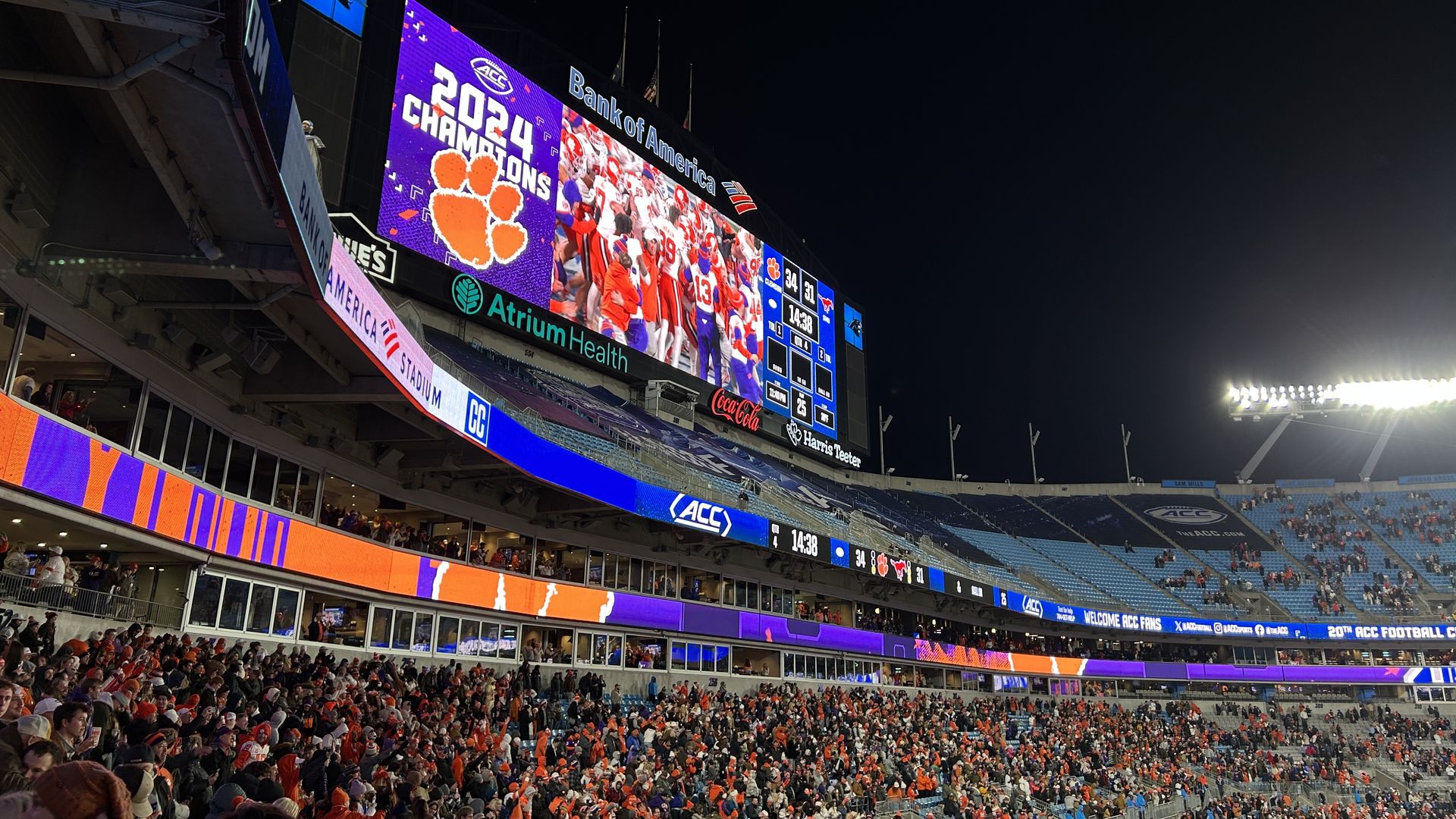 Clemson winning the ACC Championship at Bank of America Stadium. 