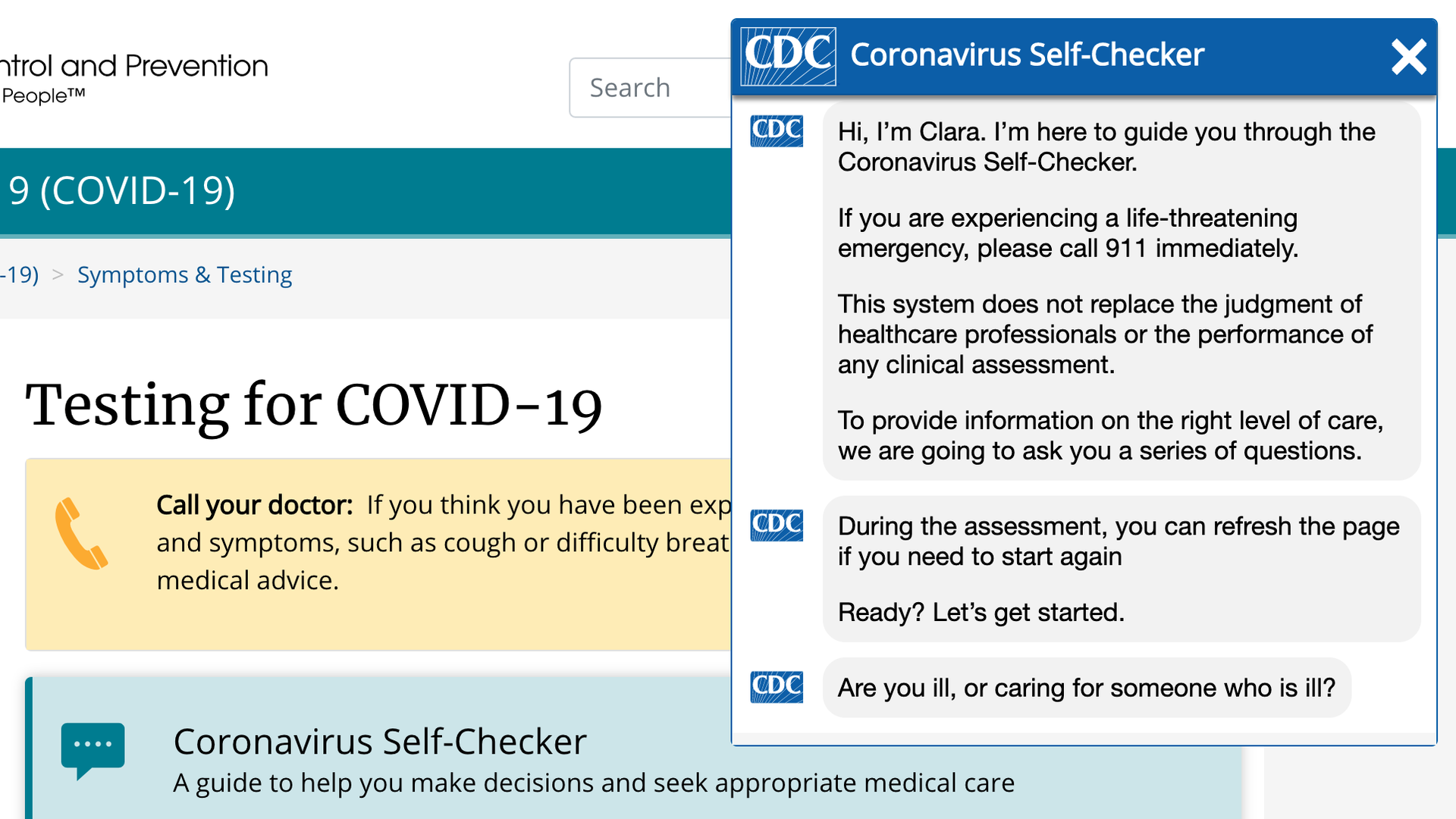 A screenshot of the coronavirus self-checker. 