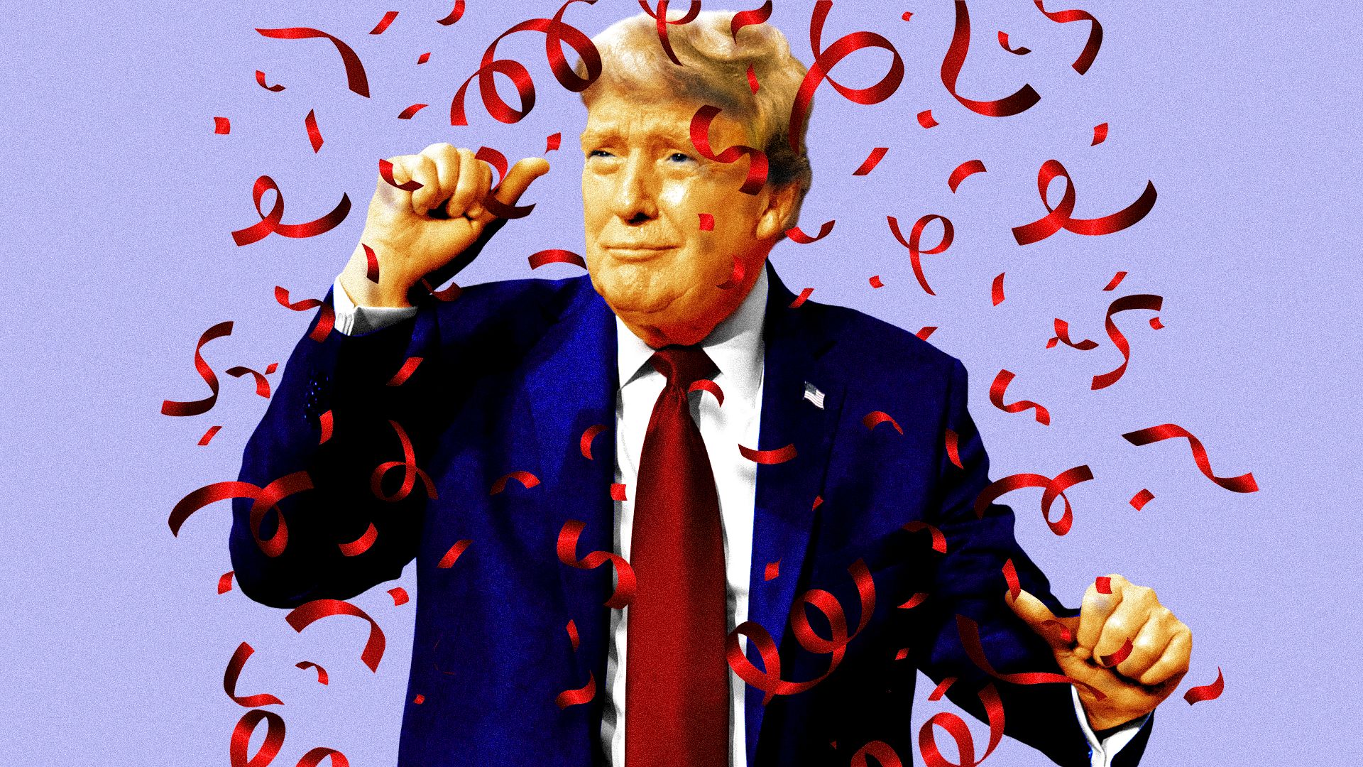 Photo illustration of President Trump pointing at himself with confetti falling around him