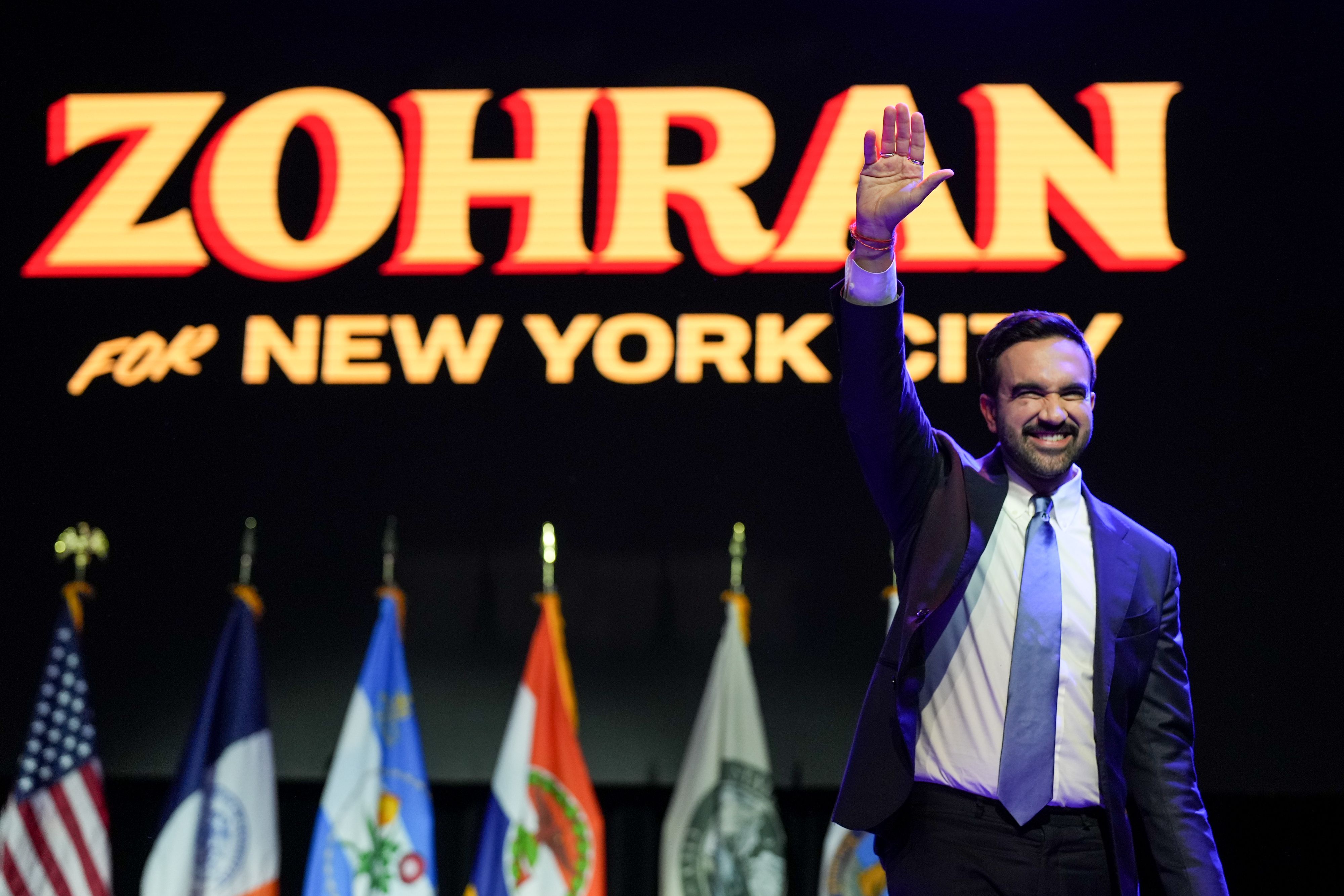New York City Mayor-elect Zohran Mamdani arrives to speak at his watch party at the Brooklyn Paramount Theater last night.