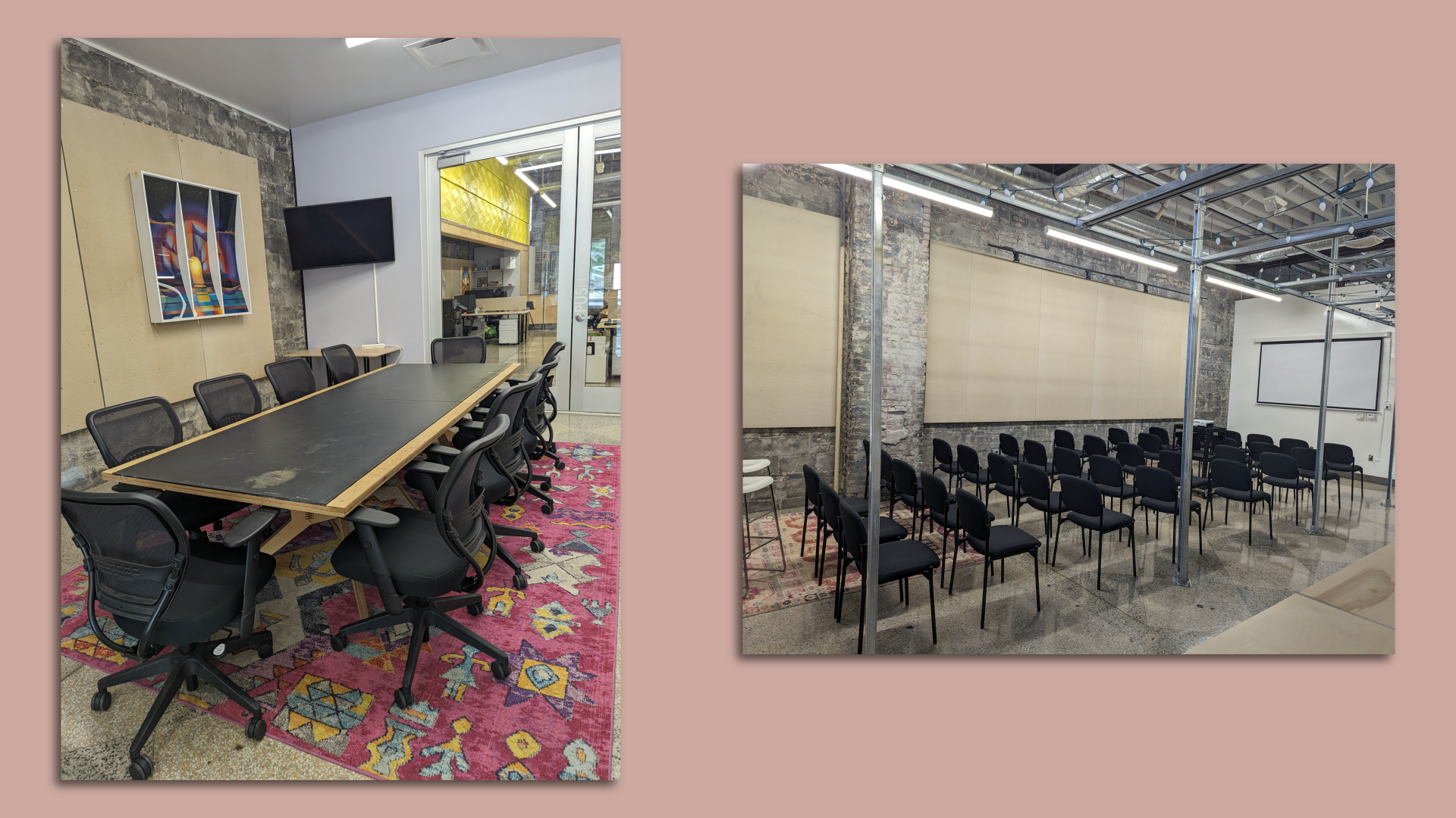 A big table with chairs around it on the left, and a larger room with an audience full of chairs on the right.