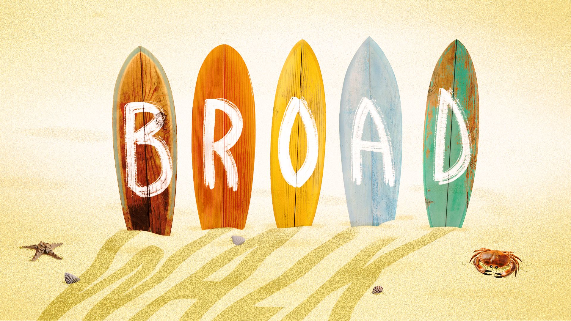 Illustration of surf boards in the sand with "BROAD" painted on them and their shadows casting the word "WALK". 