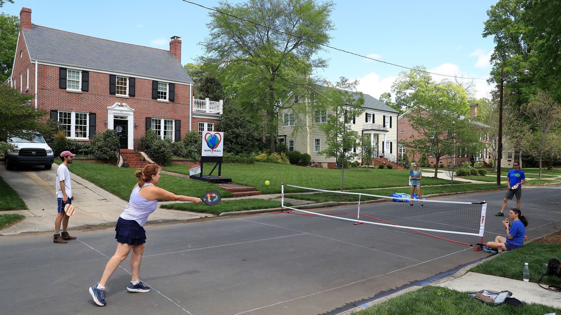 Playing pickleball on the street in Charlotte, N.C., during the pandemic. Photo: Streeter Lecka/Getty Images