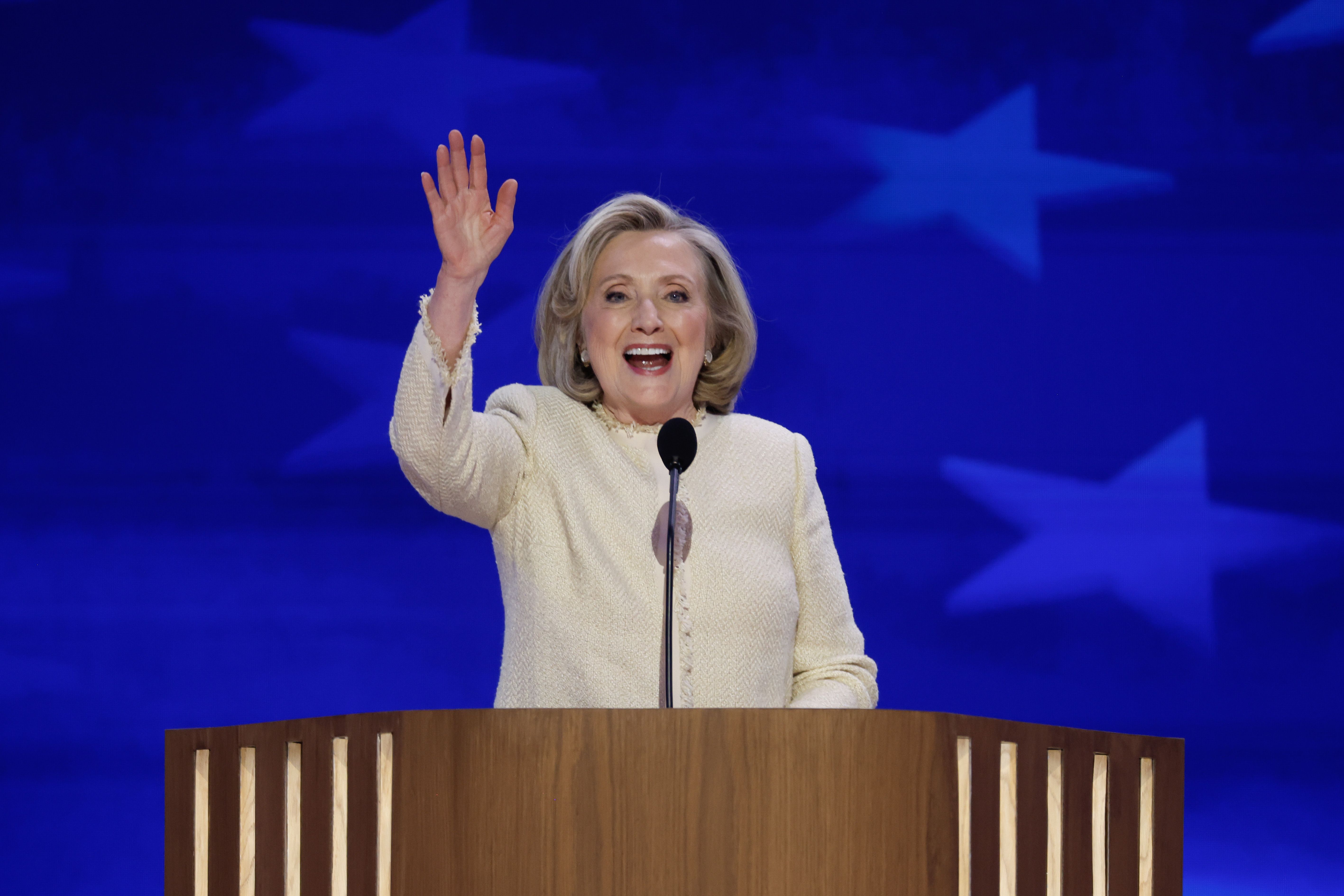 Former U.S. Secretary of State Hillary Clinton speaks onstage during the first day of the Democratic National Convention at the United Center on August 19, 2024 in Chicago, Illinois.