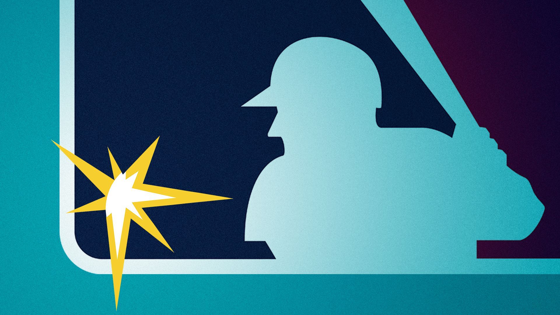 Illustration of the Major League Baseball logo hitting part of the Tampa Bay Rays logo instead of a baseball.