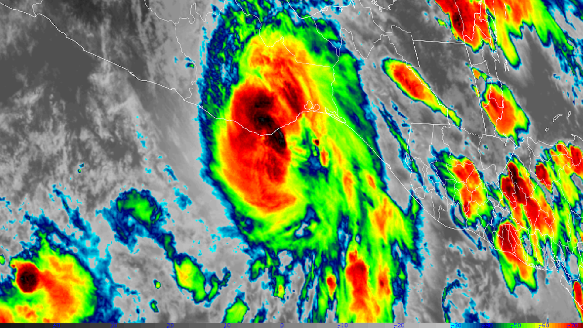 Infrared satellite image of Hurricane Agatha moving ashore in southern Mexico.