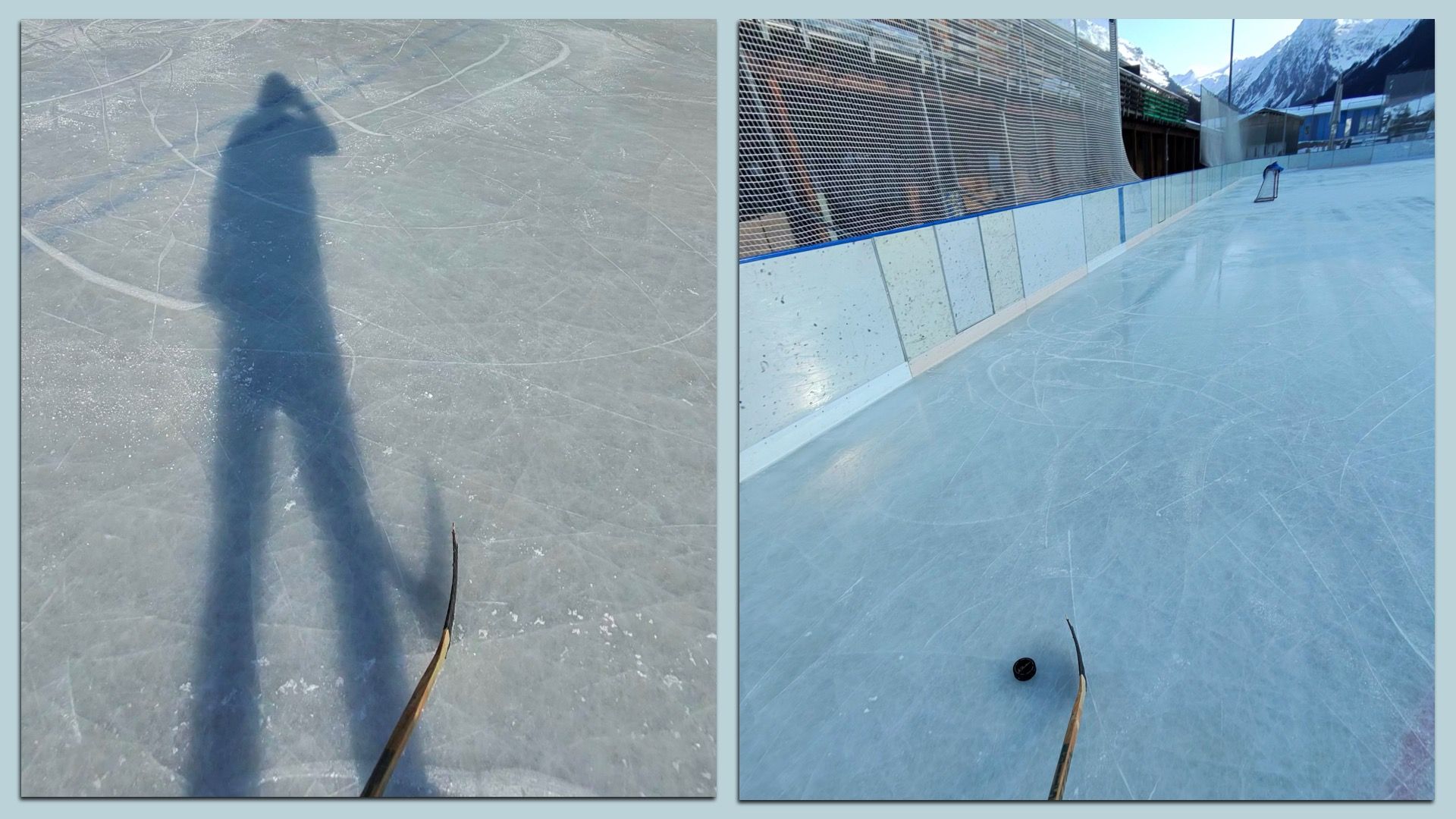 Two side-by-side images of an outdoor ice hockey rink with scratched ice. One shows a shadow of Ina Fried holding a hockey stick; the other shows the stick near a puck on the rink.