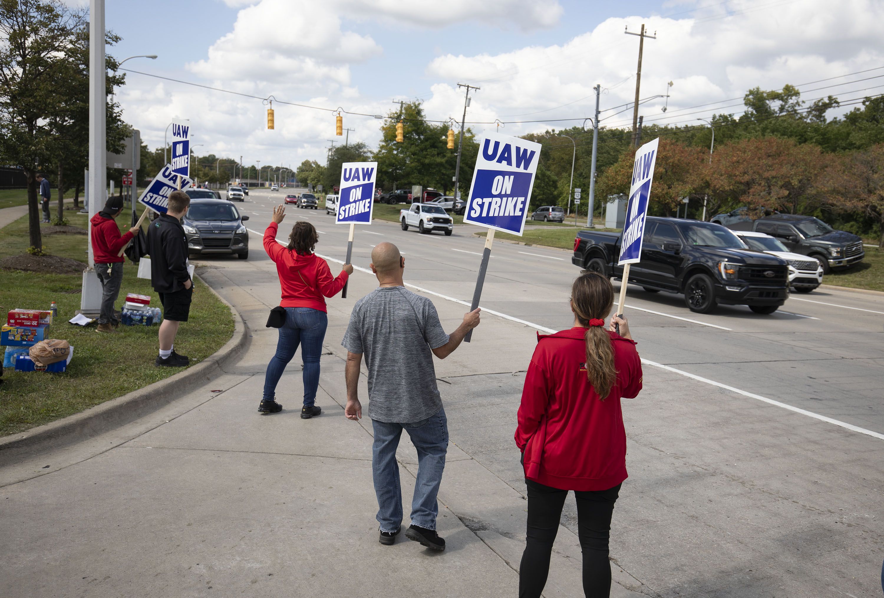 UAW members striking near a Ford assembly plant in Wayne, Michigan, on Sept. 15.