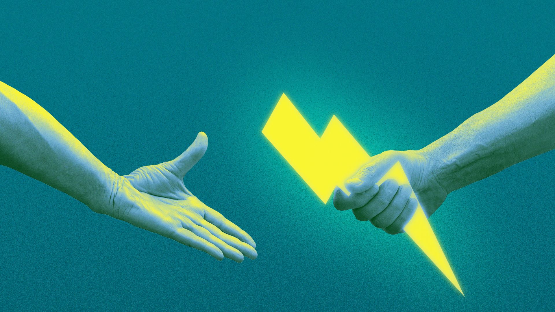 Illustration of a hand passing a lightning bolt, like a baton.