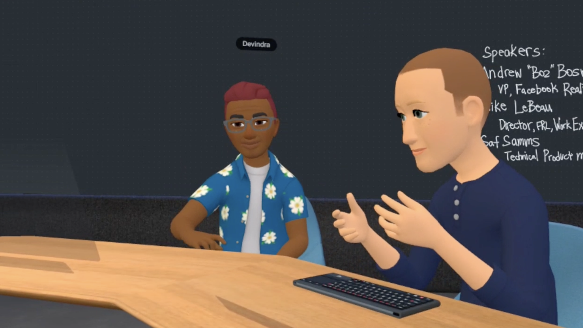 Screen shot of a meeting held in virtual reality, led by Facebook's Mark Zuckerberg