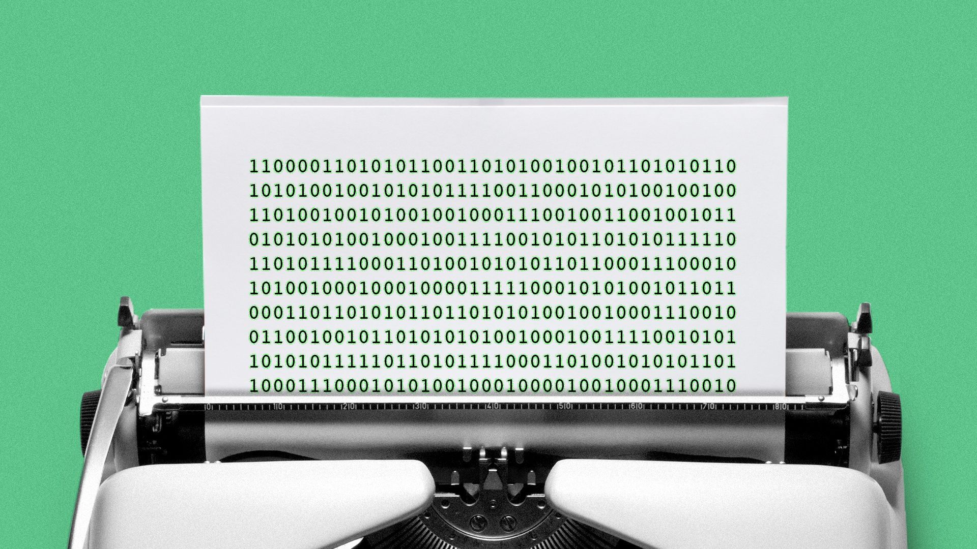 Illustration of a typewriter typing binary code on a sheet of paper.