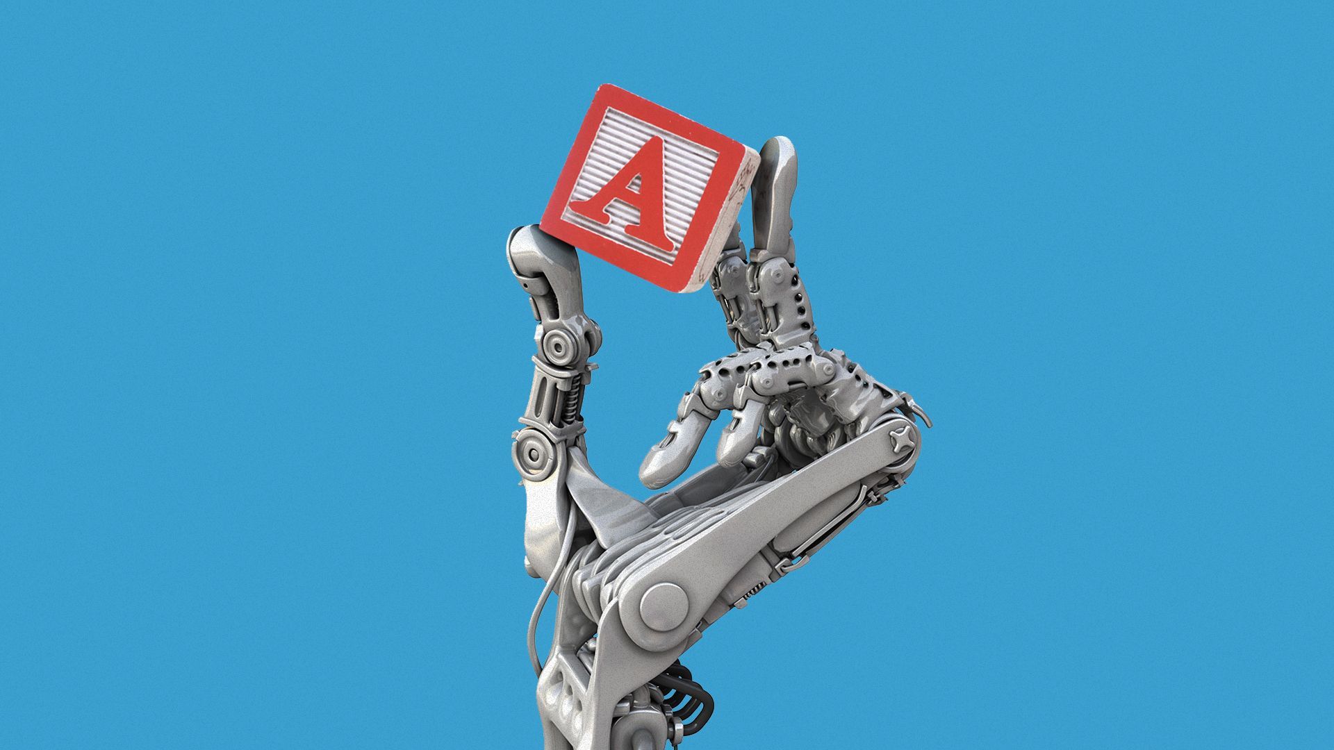 Illustration of a robot hand holding a letter A wooden alphabet block