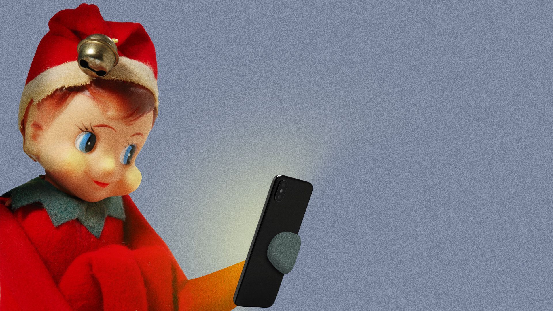Illustration of the elf on the shelf reading its cell phone.