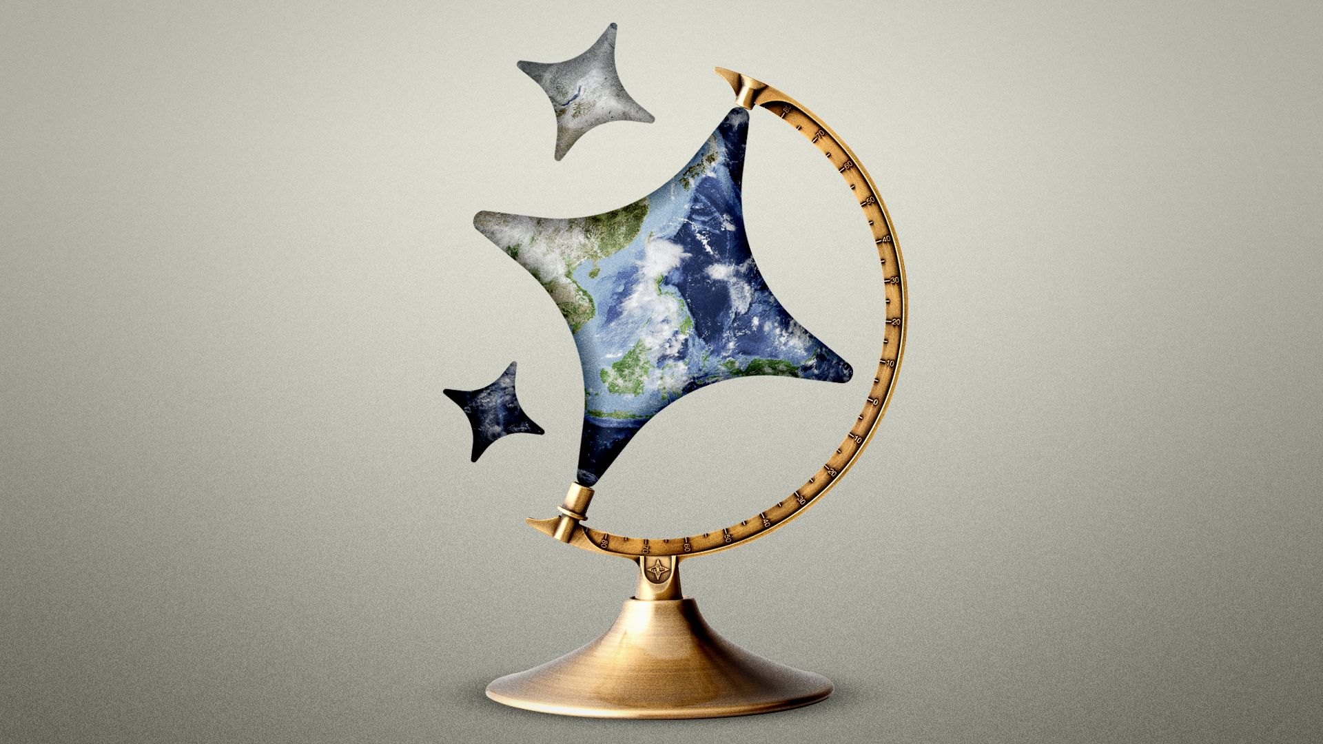 Illustration of a globe on an axis replaced with the AI sparkle.