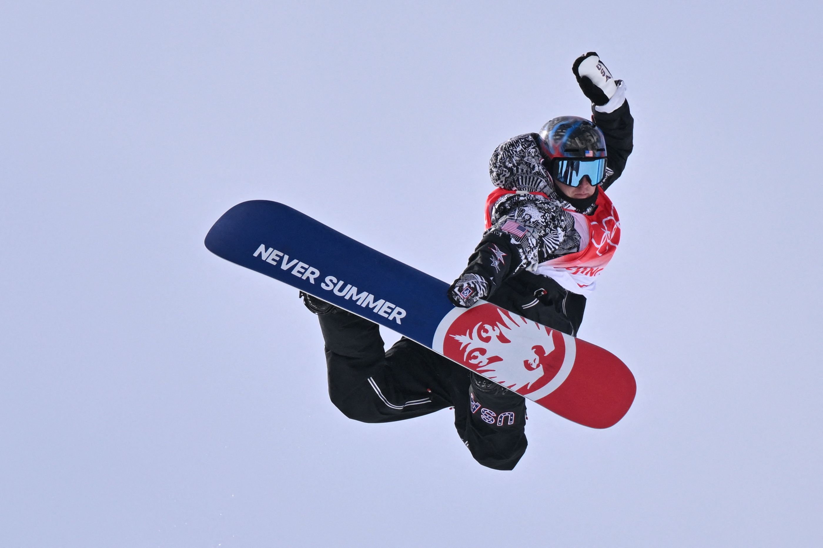 USA's Chris Corning competes in the snowboard men's slopestyle final run during the Beijing 2022 Winter Olympic Games at the Genting Snow Park H & S Stadium in Zhangjiakou on February 7.