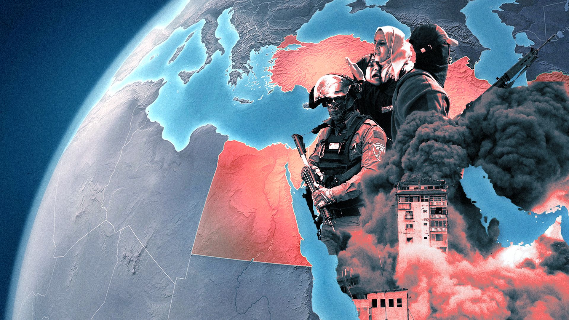 Photo illustration of the Gaza war zone, an Israeli security officer, an armed member of Hamas and mourning Palestinians overlaying a map of the Middle East.